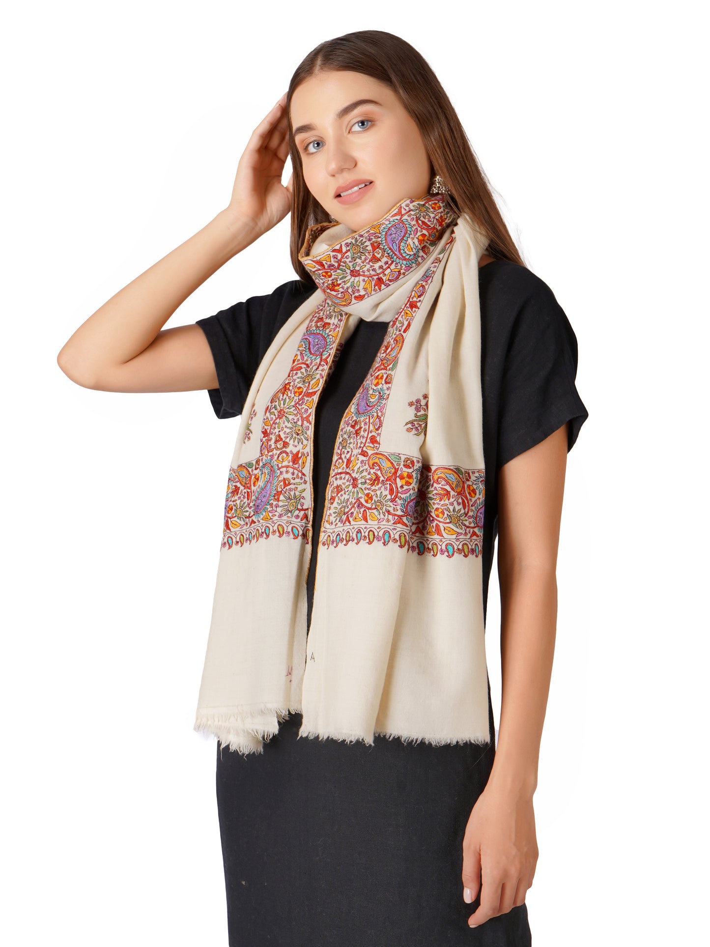 Luxurious Pashmina Shawl with Intricate Border Embroidery (Off White)
