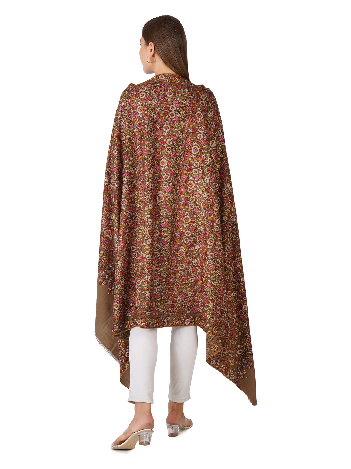 Exquisite Hand Embroidered Floral Pashmina Shawl - Natural Toosh