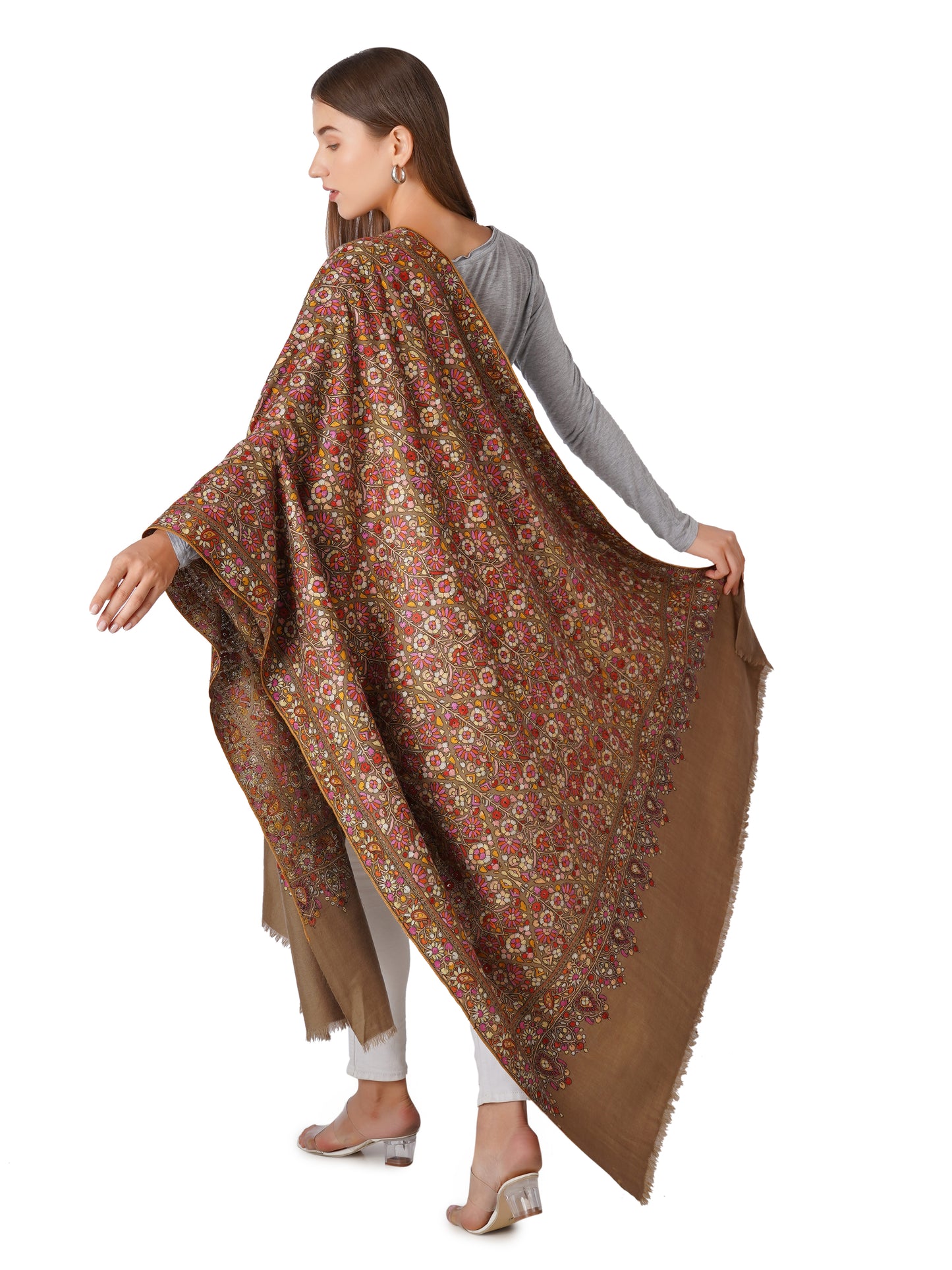 Exquisite Hand Embroidered Floral Pashmina Shawl - Natural Toosh