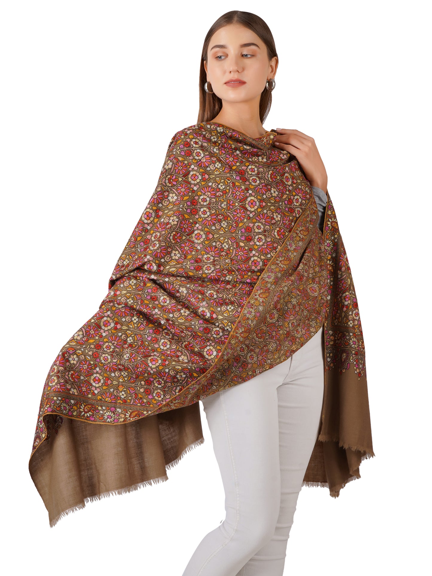 Exquisite Hand Embroidered Floral Pashmina Shawl - Natural Toosh