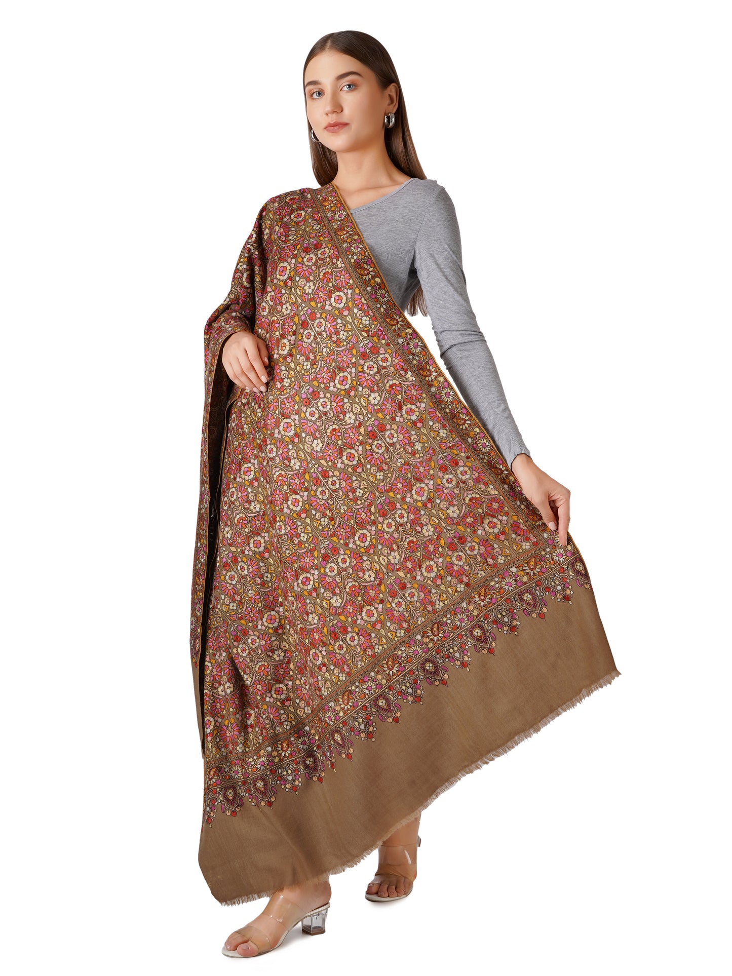 Exquisite Hand Embroidered Floral Pashmina Shawl - Natural Toosh