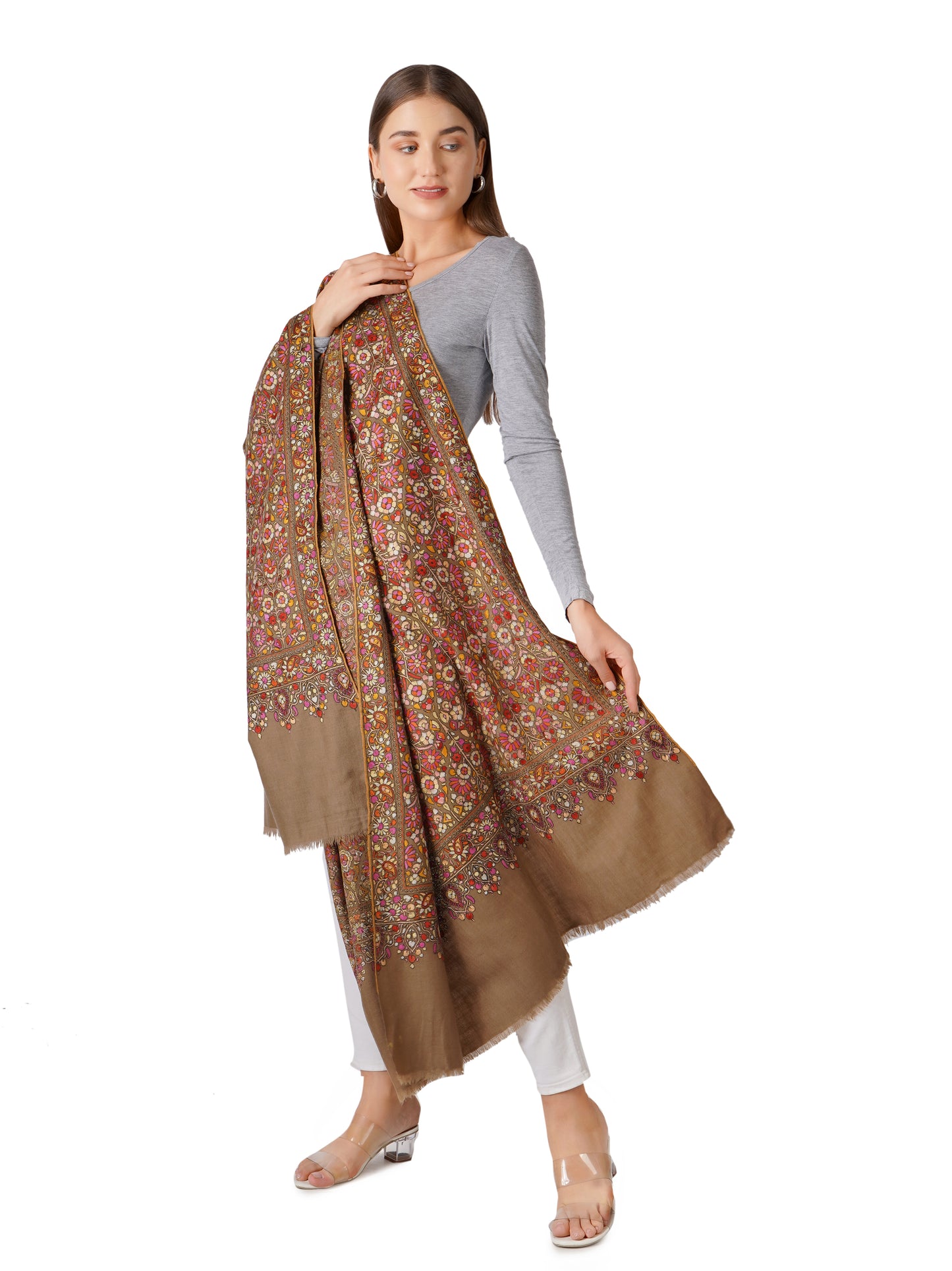 Exquisite Hand Embroidered Floral Pashmina Shawl - Natural Toosh