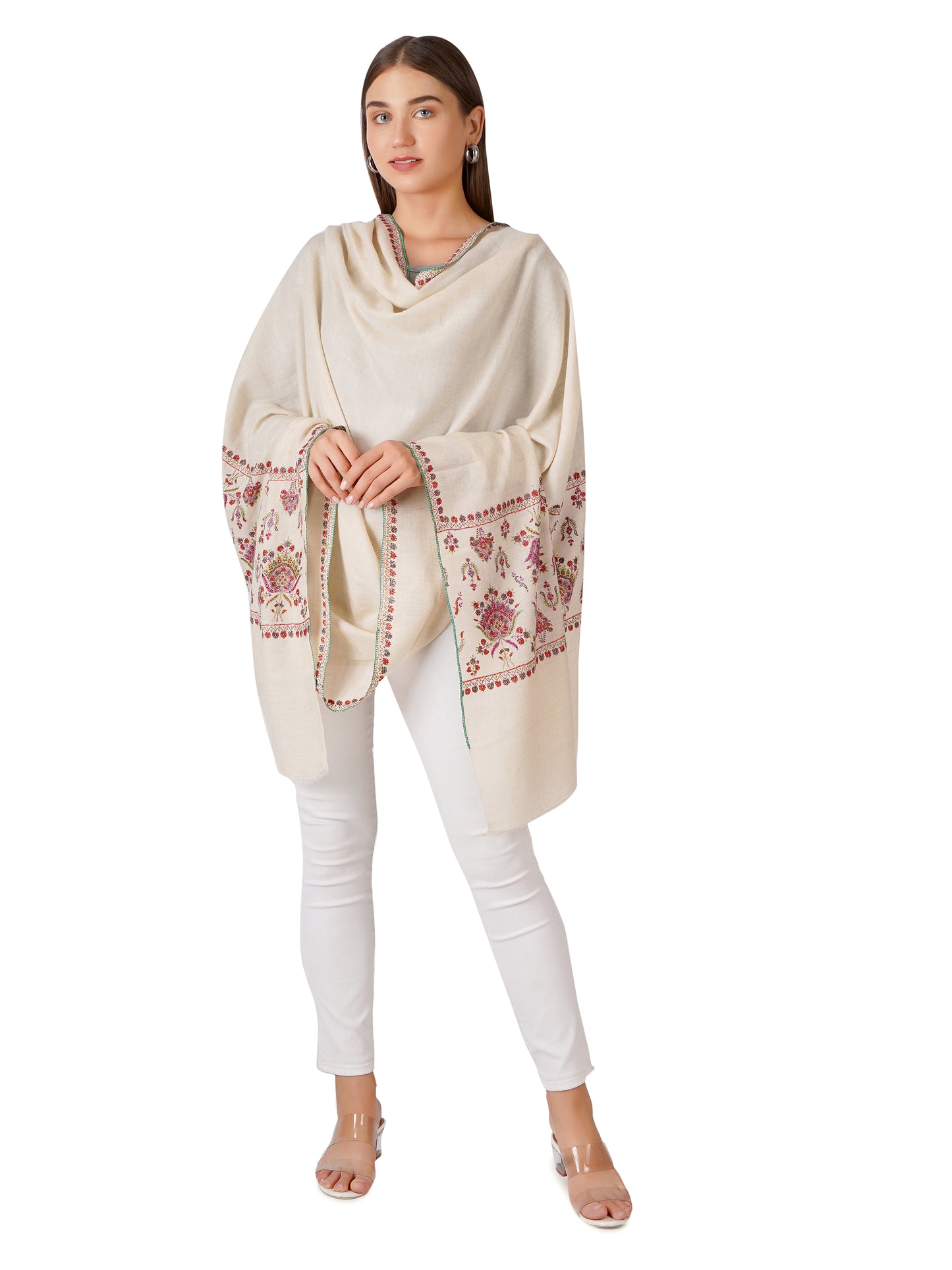 Vibrant White Pashmina Shawl with Detailed Designs