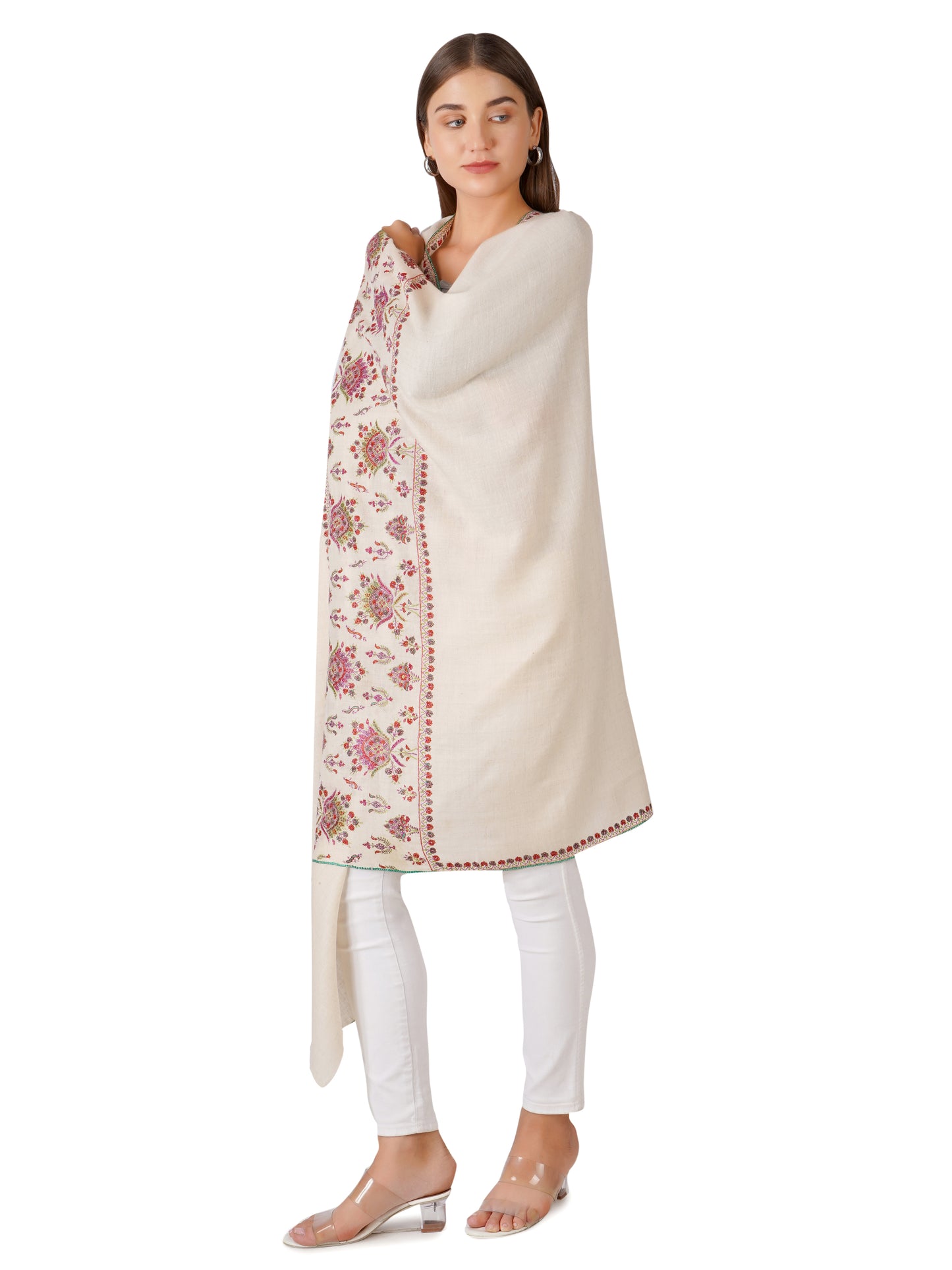 Vibrant White Pashmina Shawl with Detailed Designs