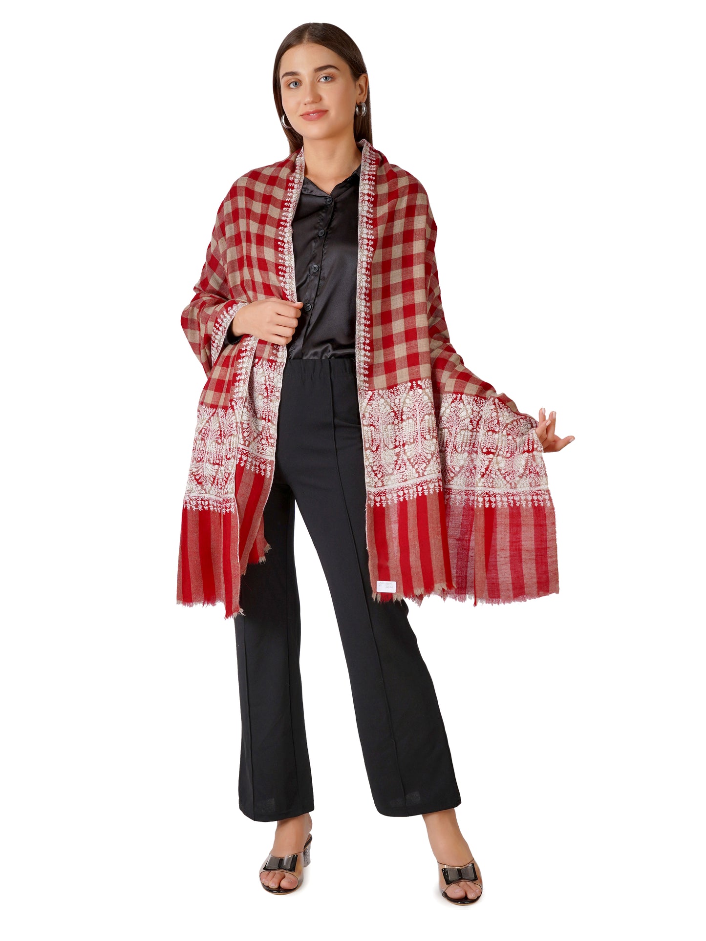 Elegant Checkered Pashmina Shawl with Hand Embroidery - Red & Beige