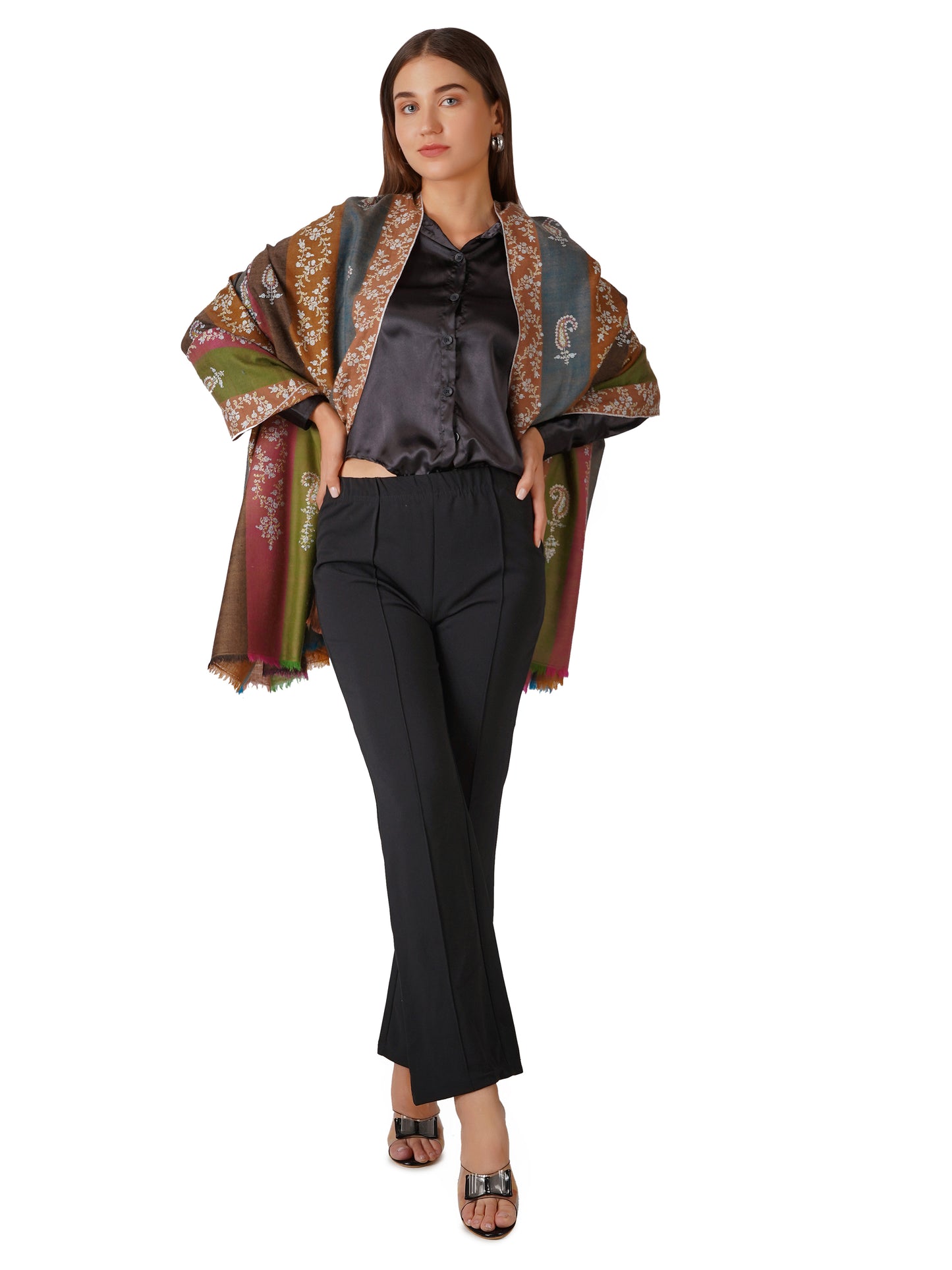 Vibrant Pashmina Shawl Striped With Multi Color Embroidery