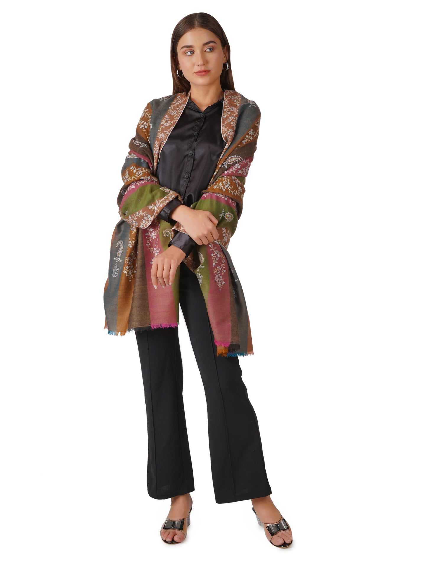 Vibrant Pashmina Shawl Striped With Multi Color Embroidery