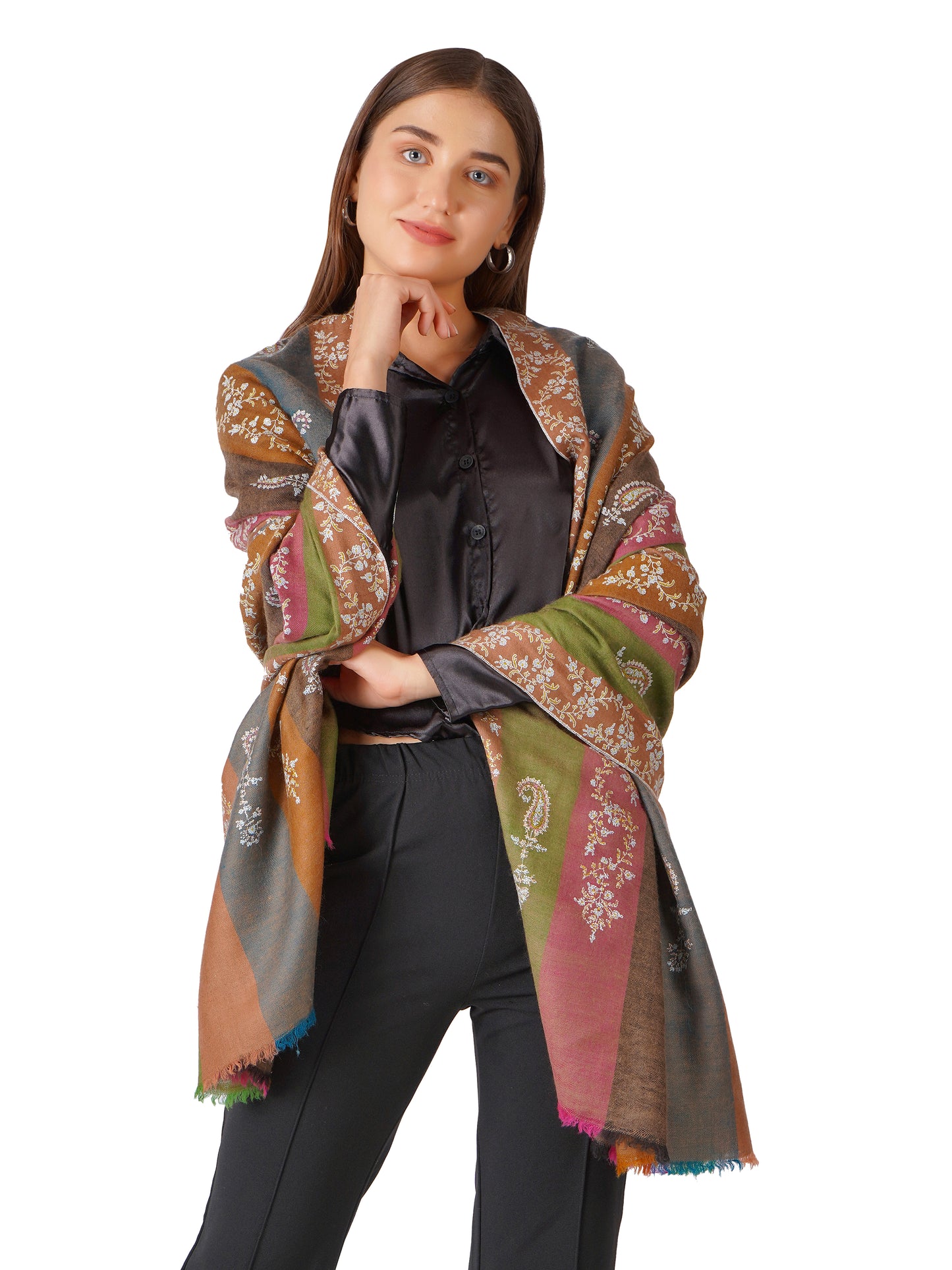 Vibrant Pashmina Shawl Striped With Multi Color Embroidery