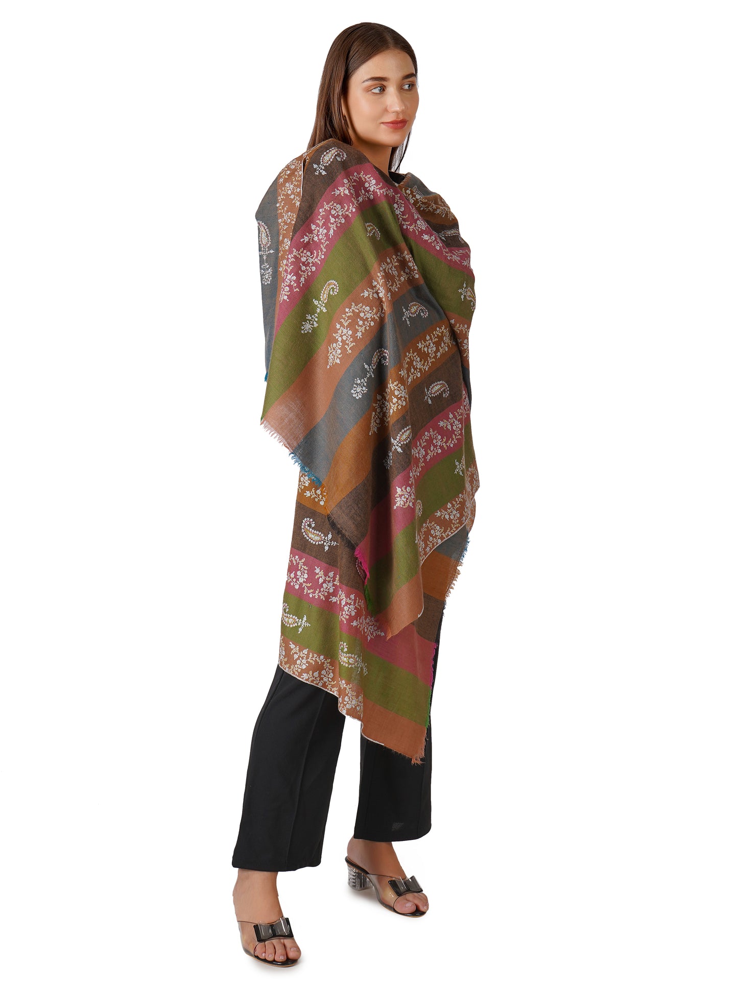 Vibrant Pashmina Shawl Striped With Multi Color Embroidery
