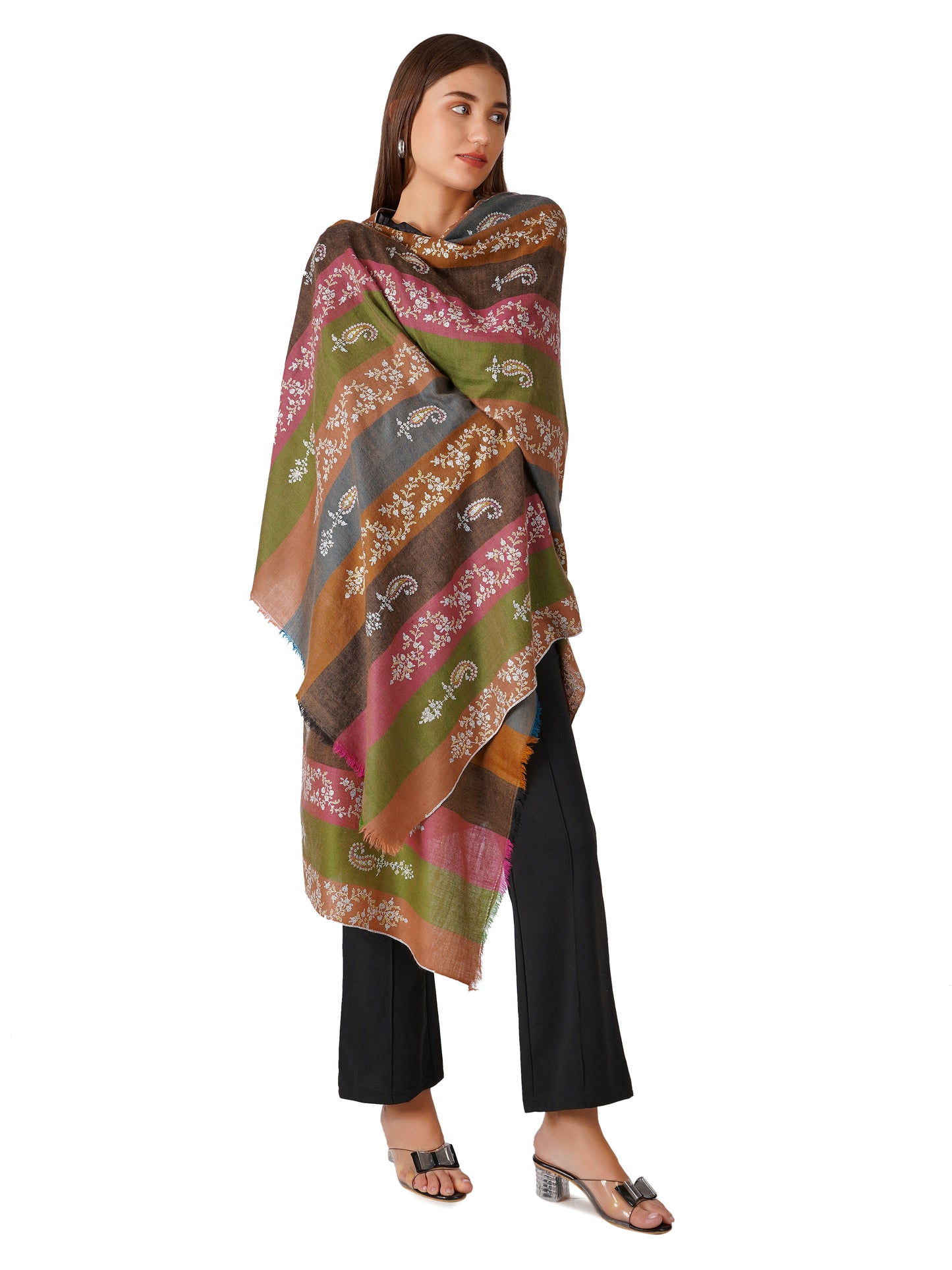 Vibrant Pashmina Shawl Striped With Multi Color Embroidery