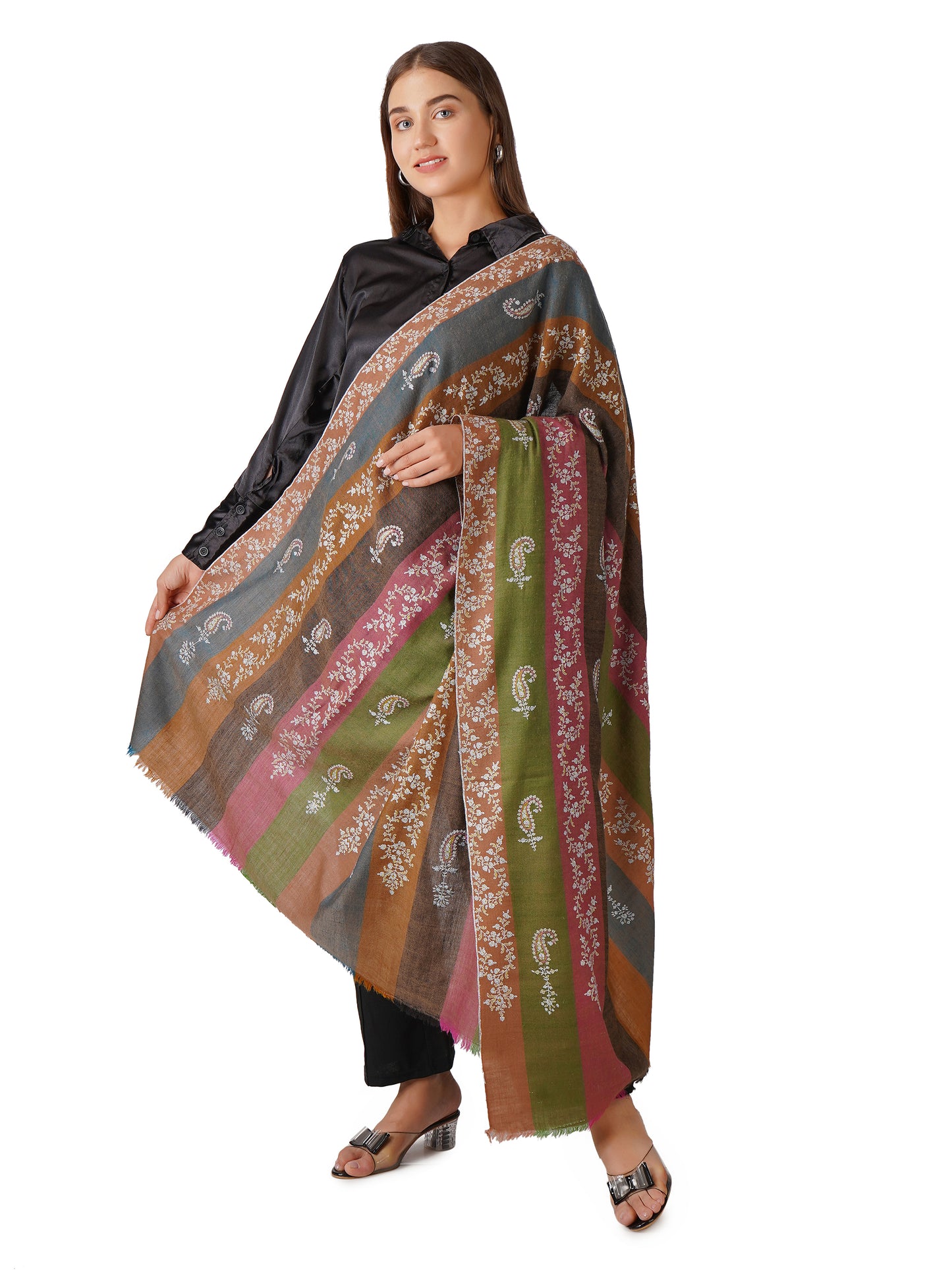 Vibrant Pashmina Shawl Striped With Multi Color Embroidery