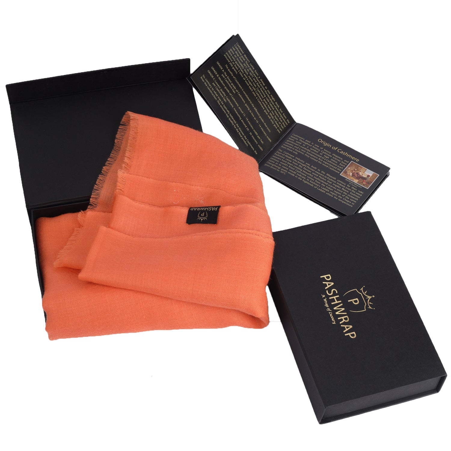 A Gift box packing of Pashwrap showing a Cashmere Scarf in a Box with a product Booklet inside