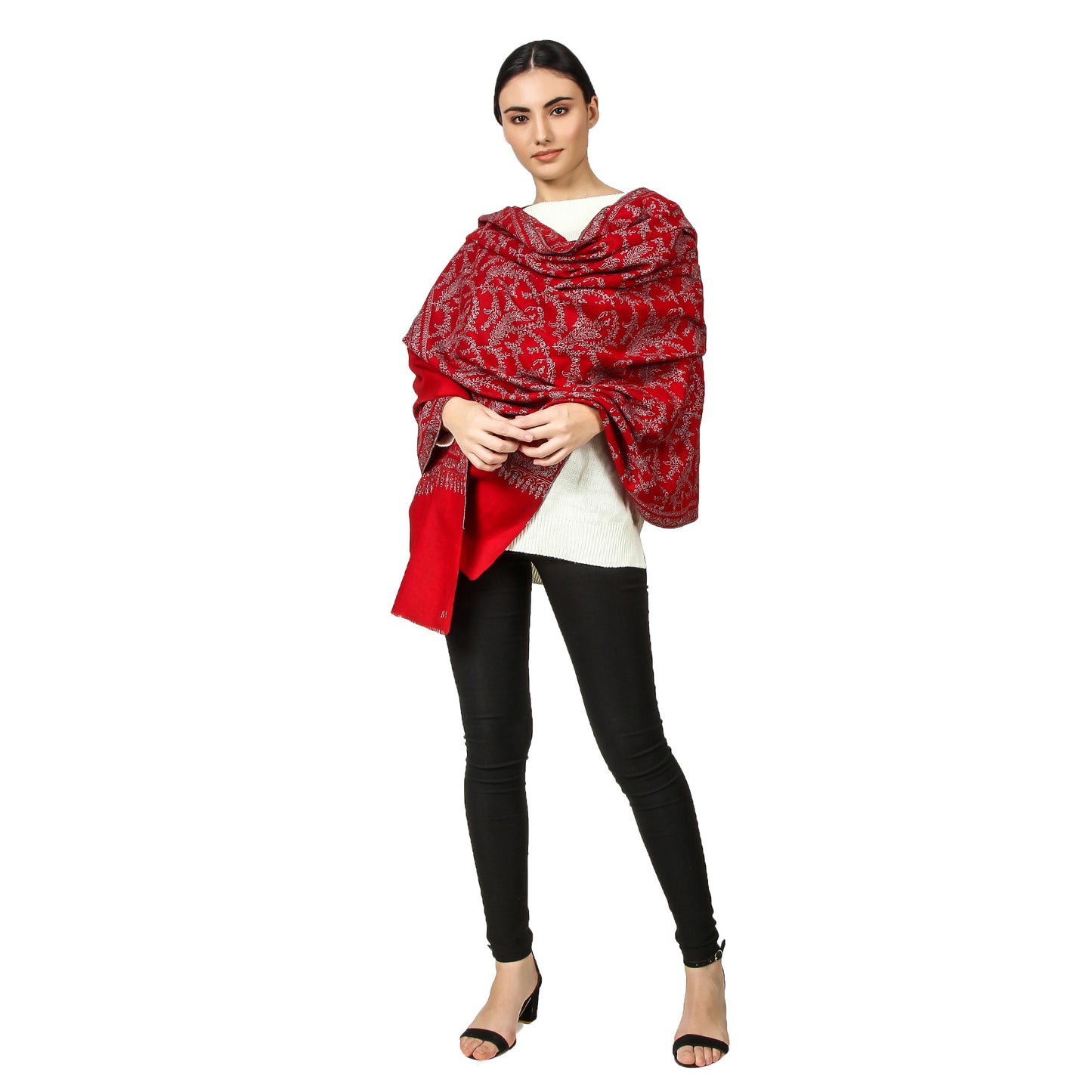 Cashmere Pashmina Shawl Embroidered (Deep Red)