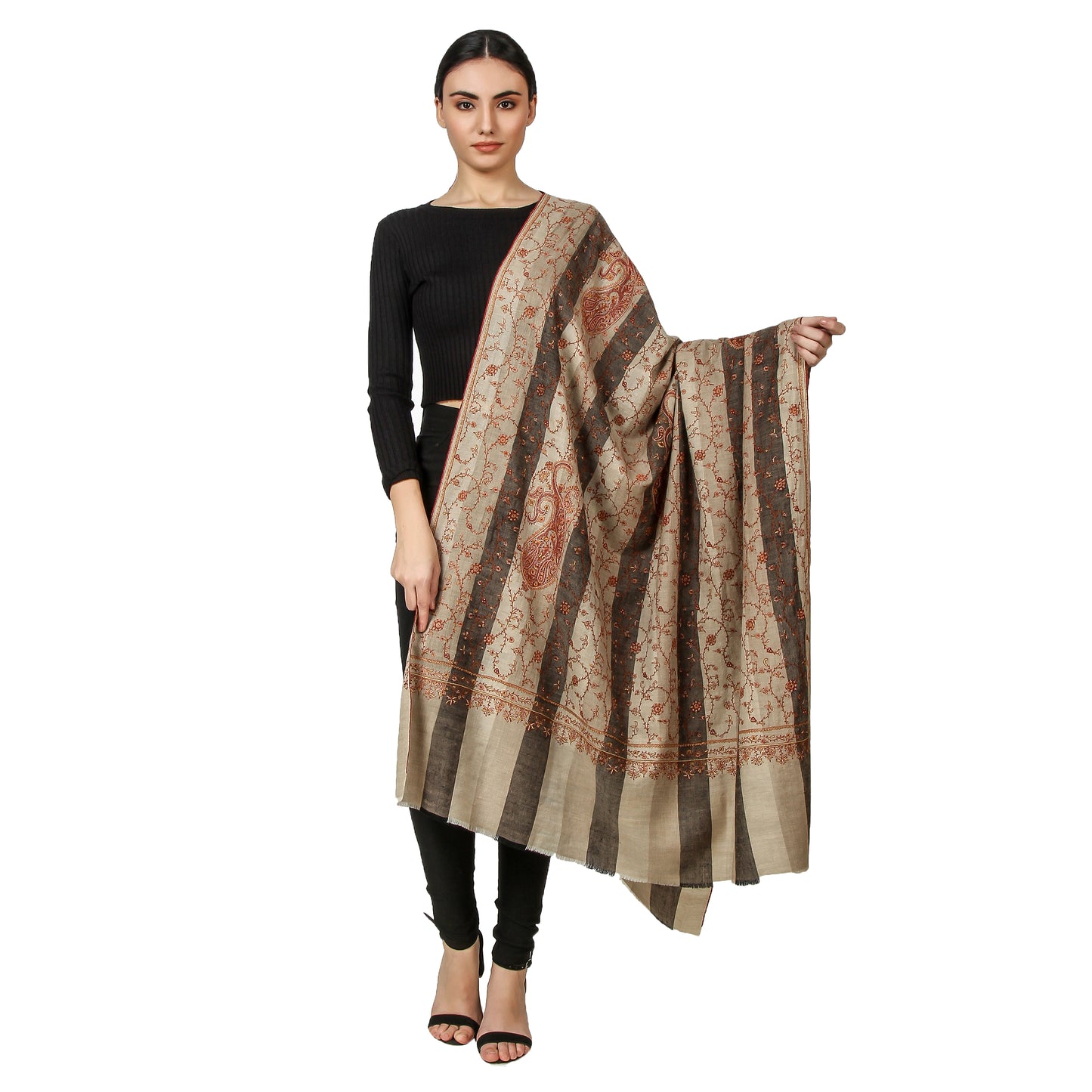 Cashmere Pashmina Shawl Embroidered (Beige Stripe)