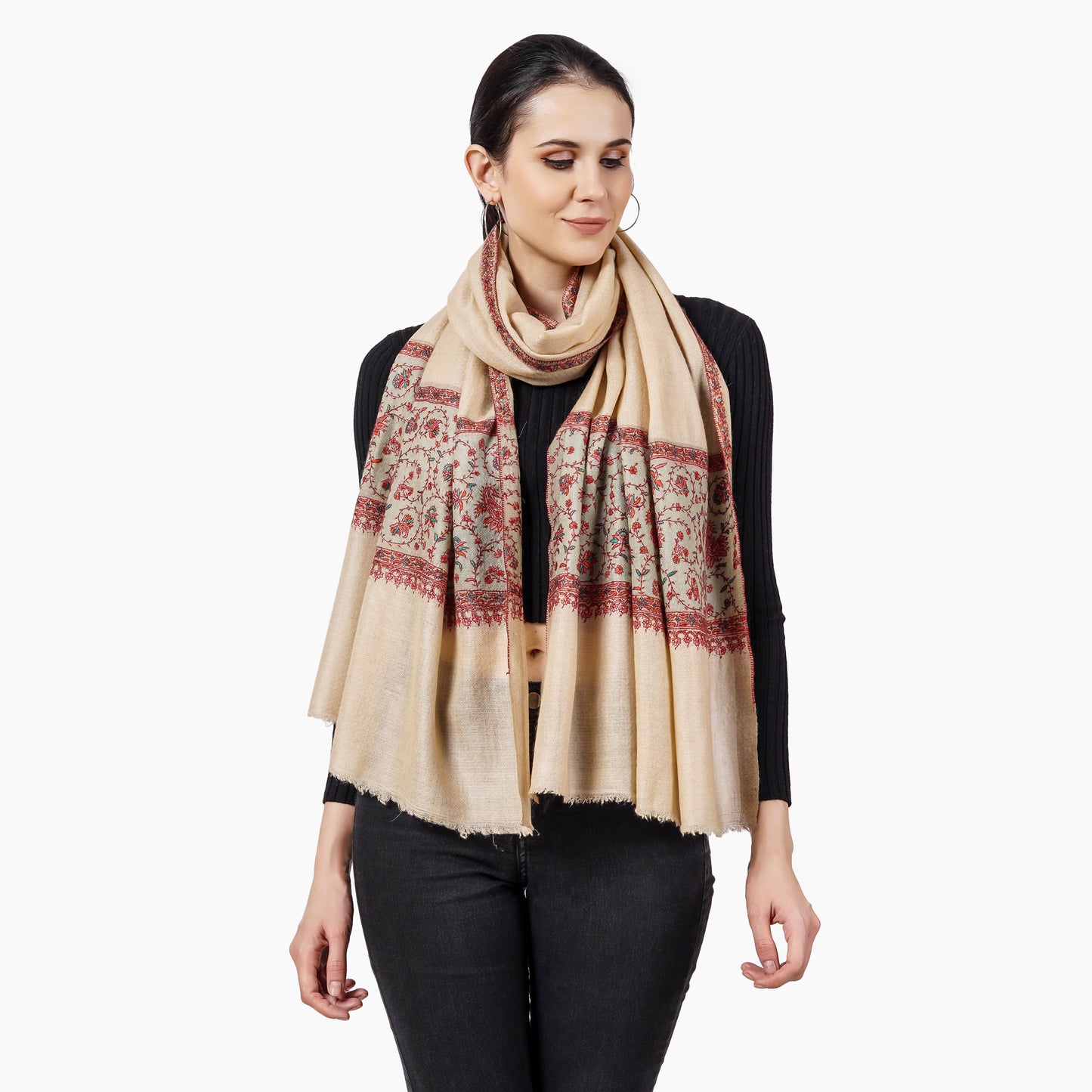 Cashmere Pashmina Embroidered Scarf (Beige)