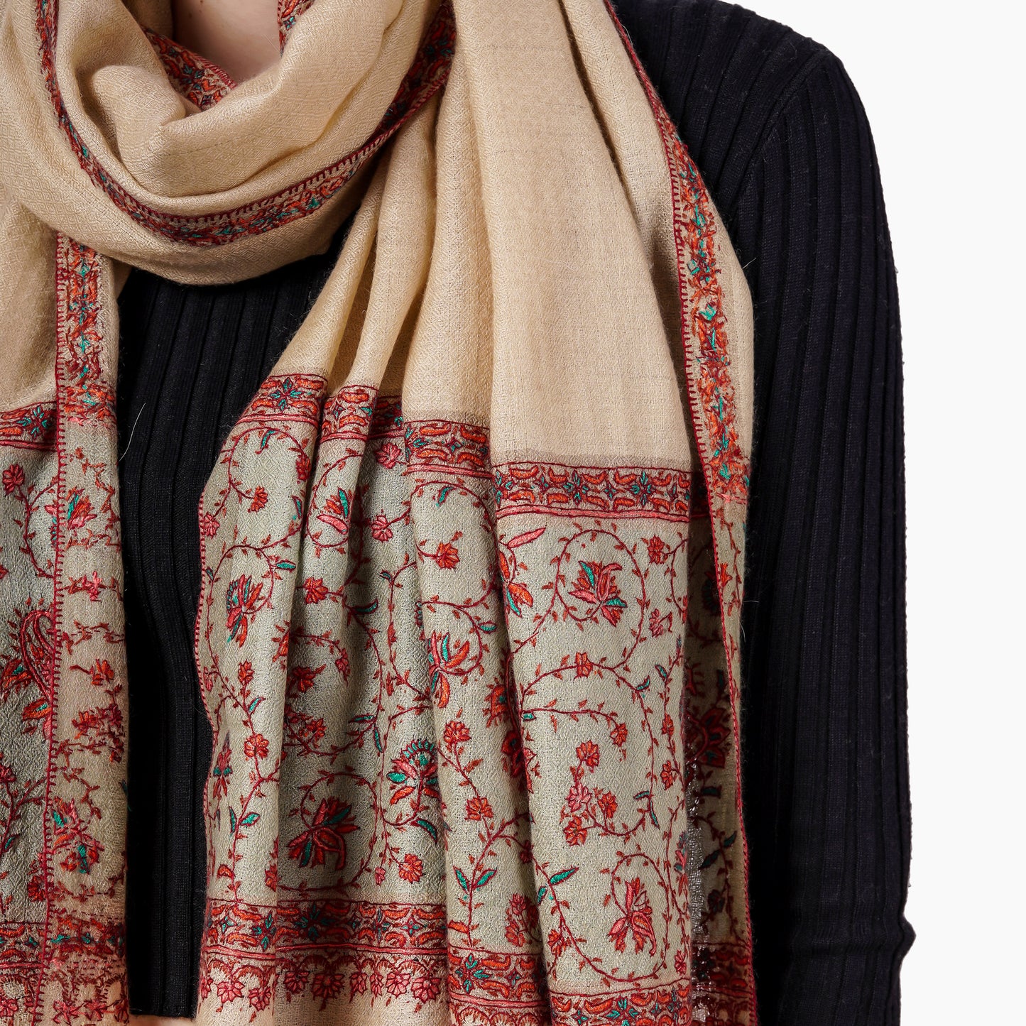 Cashmere Pashmina Embroidered Scarf (Beige)