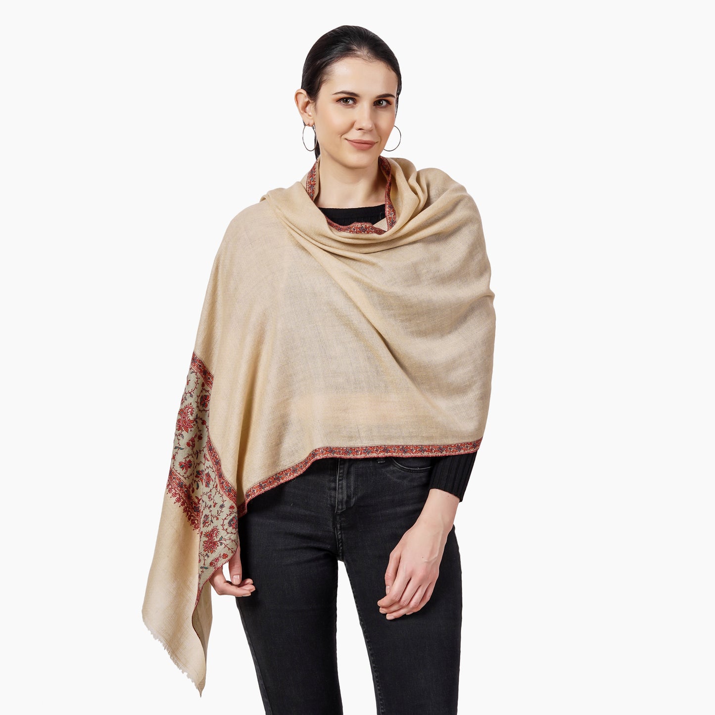 Cashmere Pashmina Embroidered Scarf (Beige)