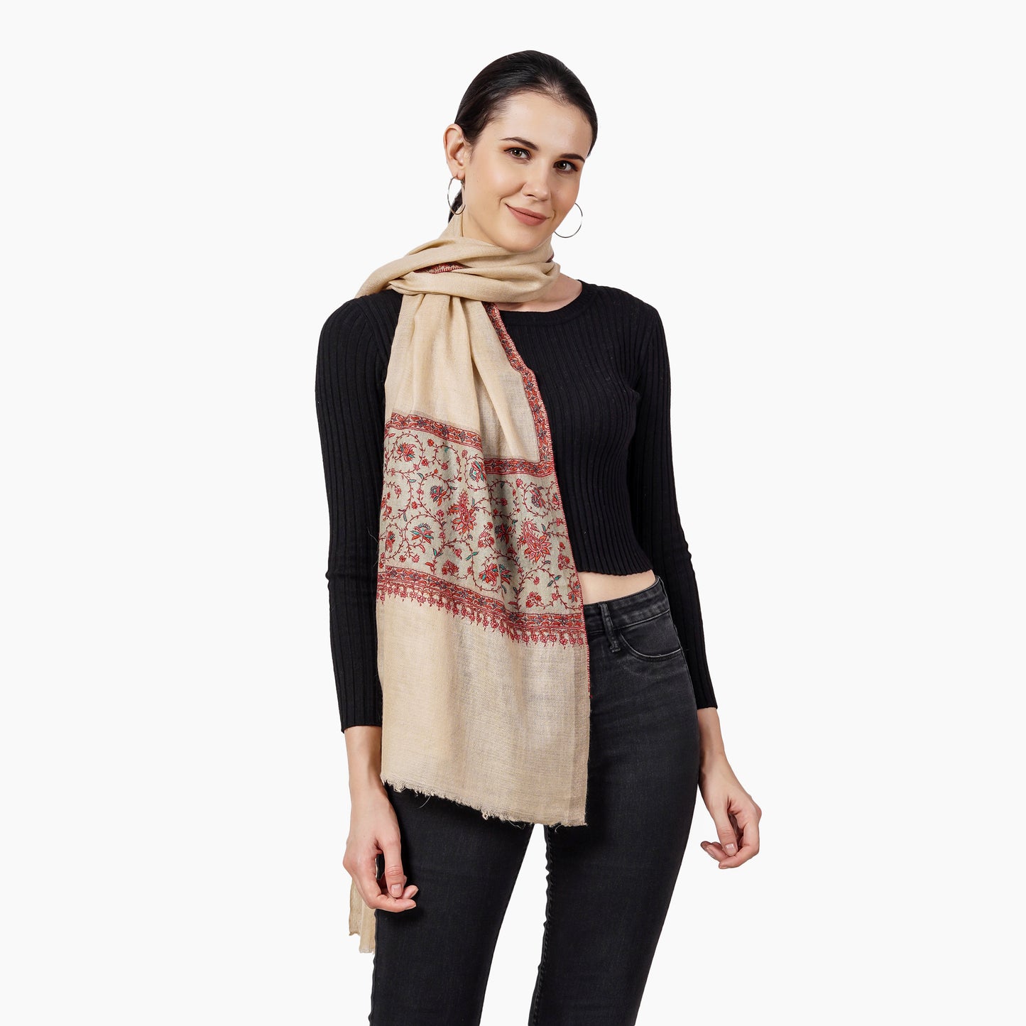 Cashmere Pashmina Embroidered Scarf (Beige)