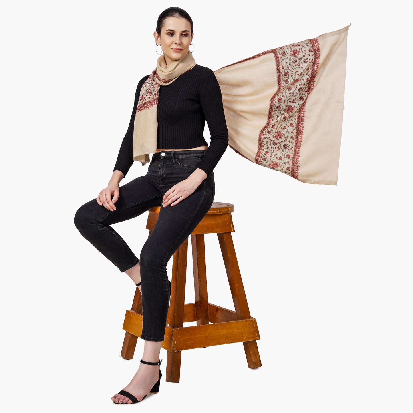 Cashmere Pashmina Embroidered Scarf (Beige)