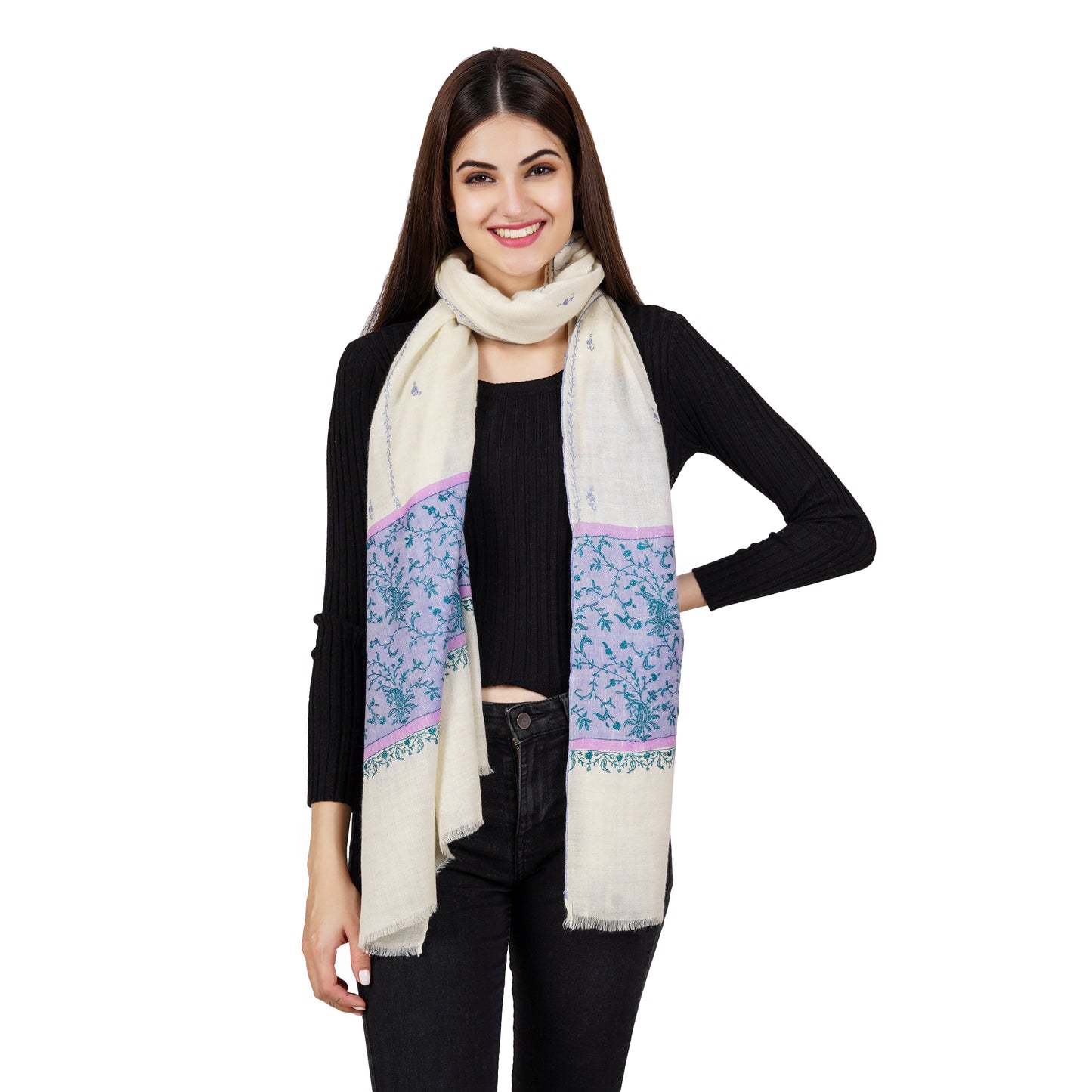 Cashmere Pashmina Embroidered Scarf (White and Blue)