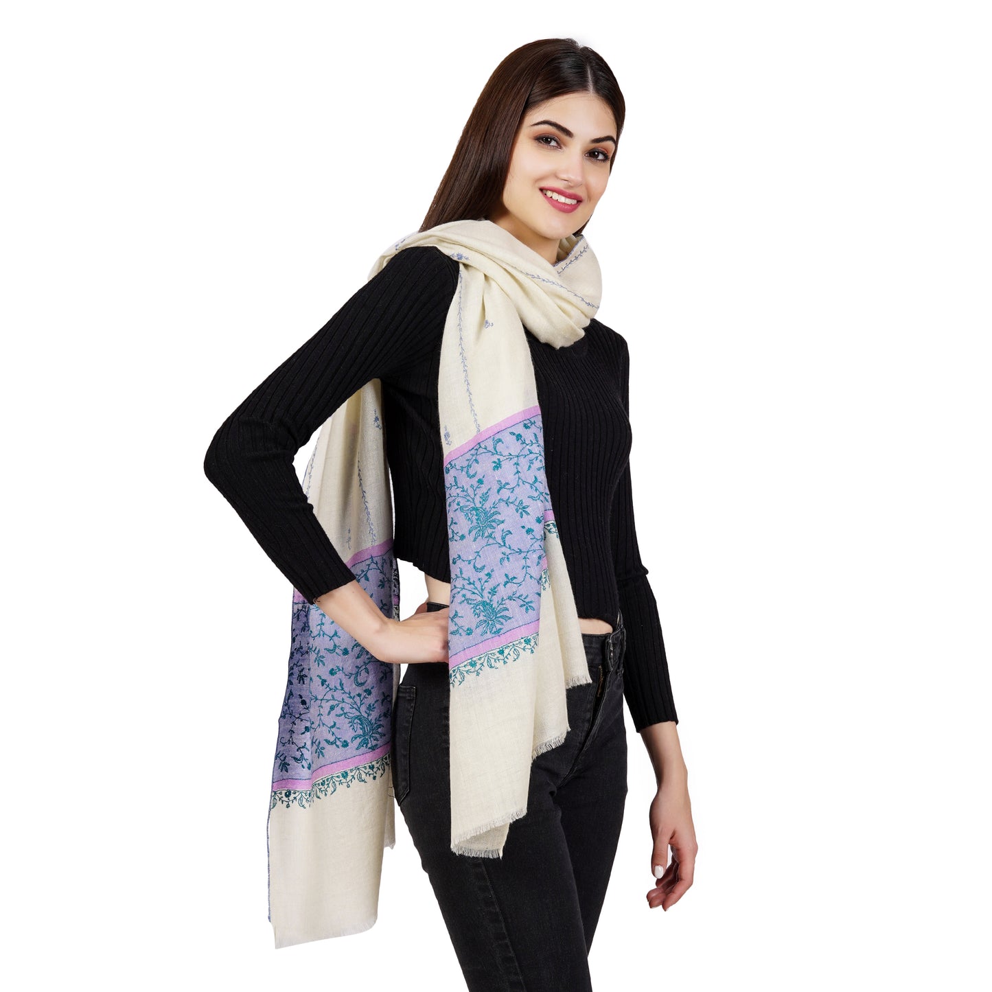 Cashmere Pashmina Embroidered Scarf (White and Blue)