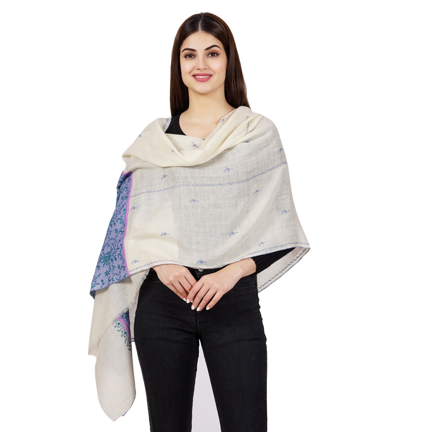 Cashmere Pashmina Embroidered Scarf (White and Blue)