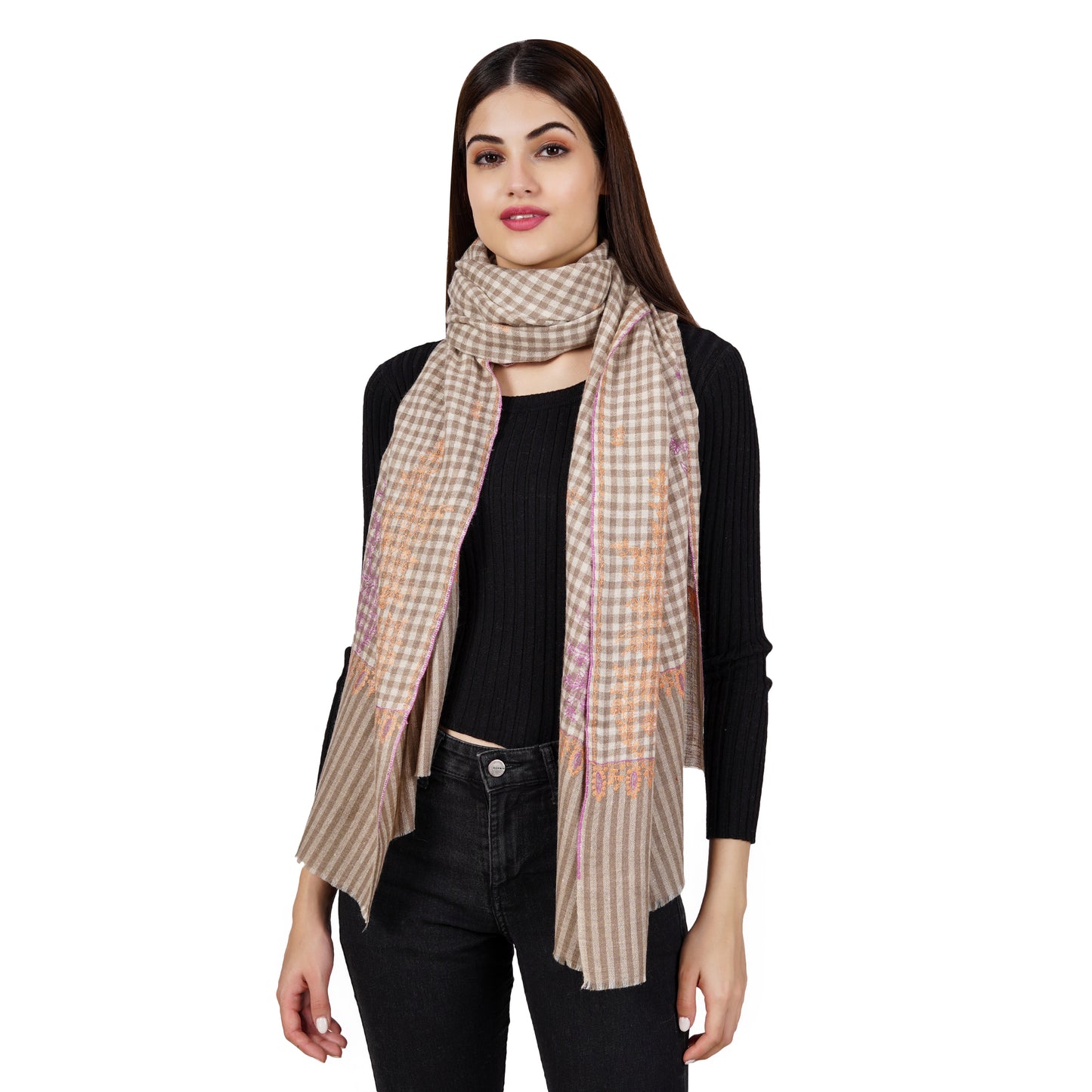 Cashmere Pashmina Embroidered Scarf (Checkered)