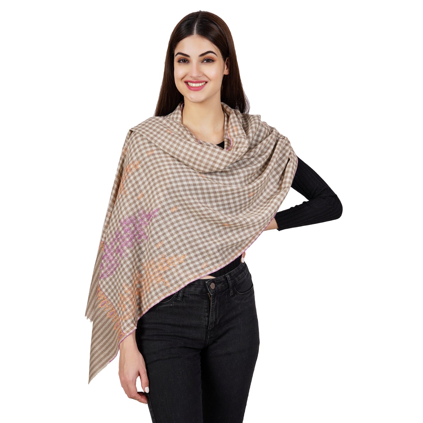 Cashmere Pashmina Embroidered Scarf (Checkered)