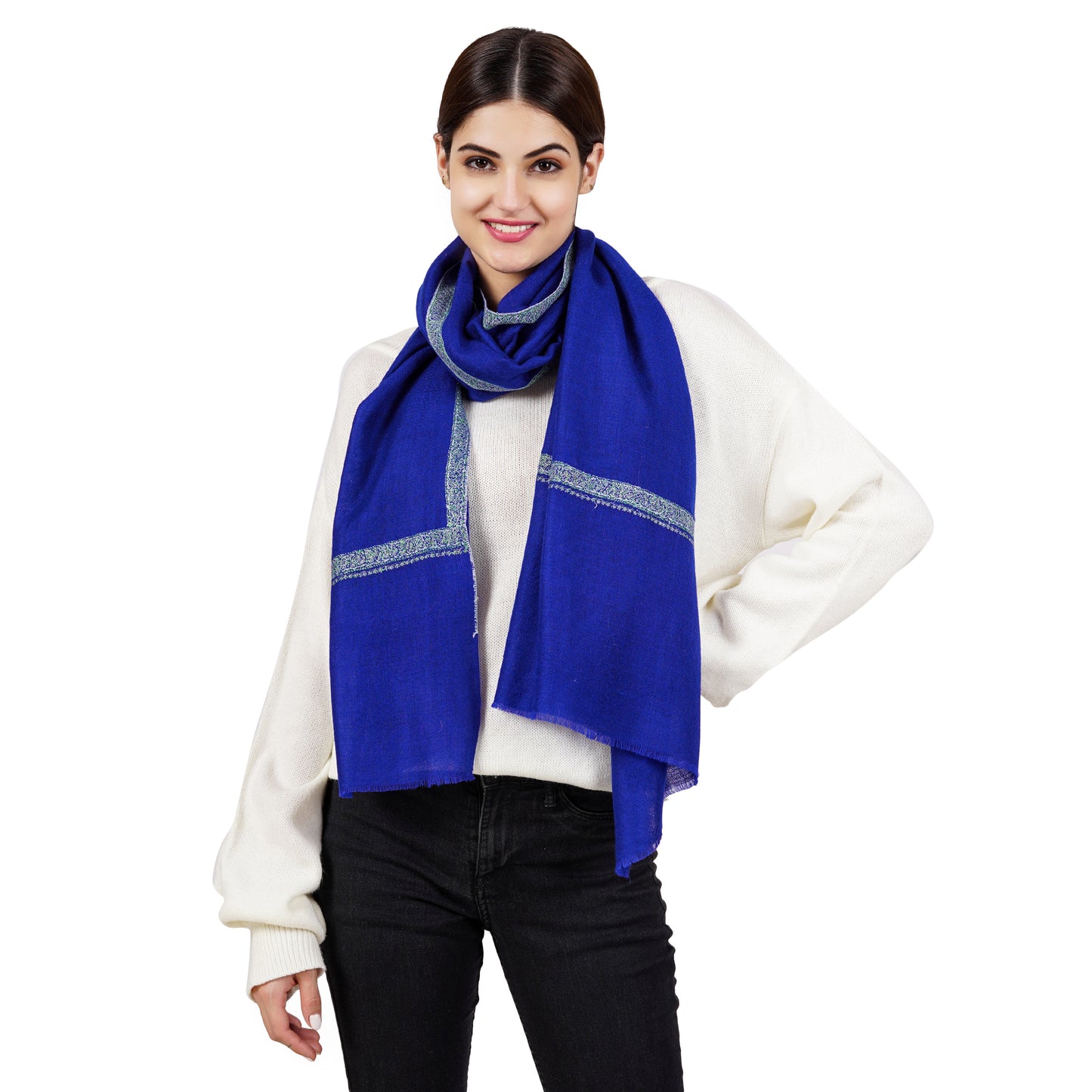 Cashmere Pashmina Embroidered Scarf (Royal Blue)