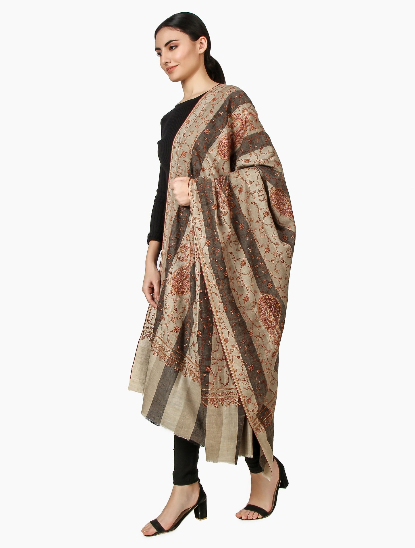 Cashmere Pashmina Shawl Embroidered (Beige Stripe)