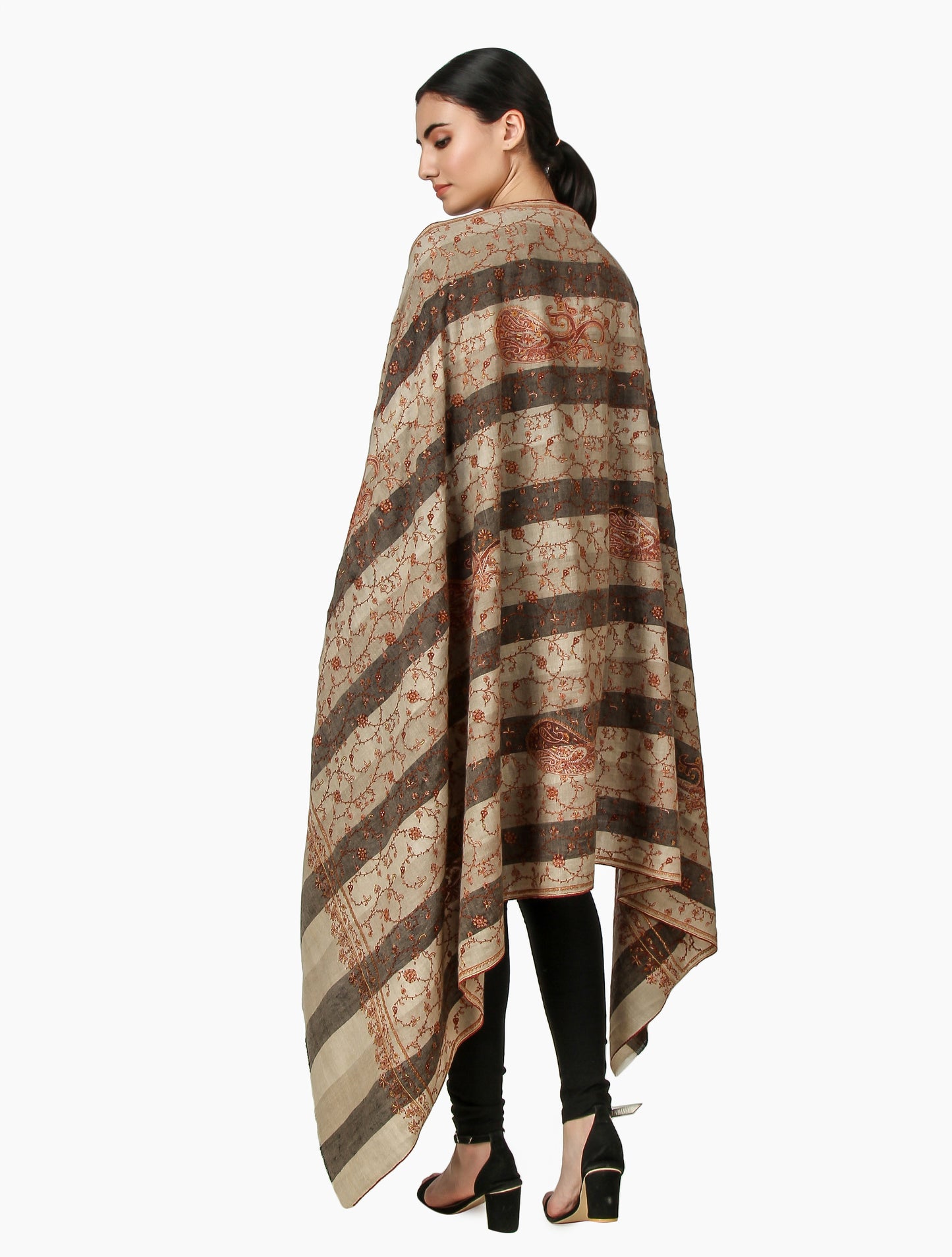 Cashmere Pashmina Shawl Embroidered (Beige Stripe)