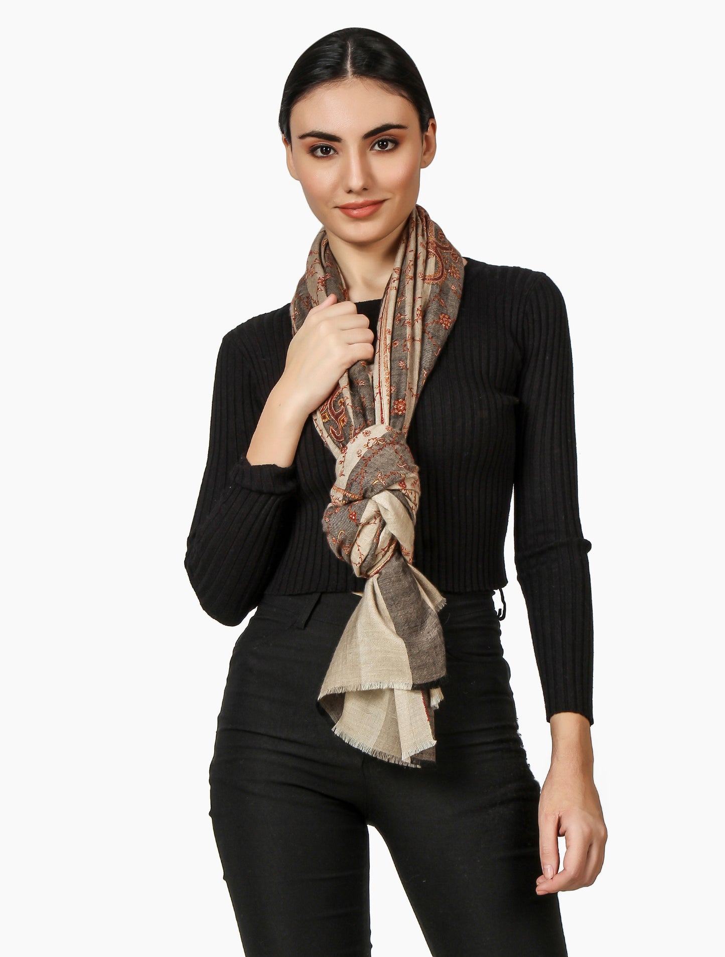 Cashmere Pashmina Shawl Embroidered (Beige Stripe)