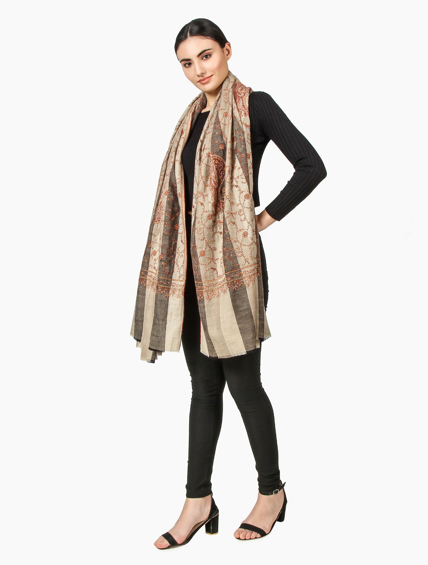 Cashmere Pashmina Shawl Embroidered (Beige Stripe)