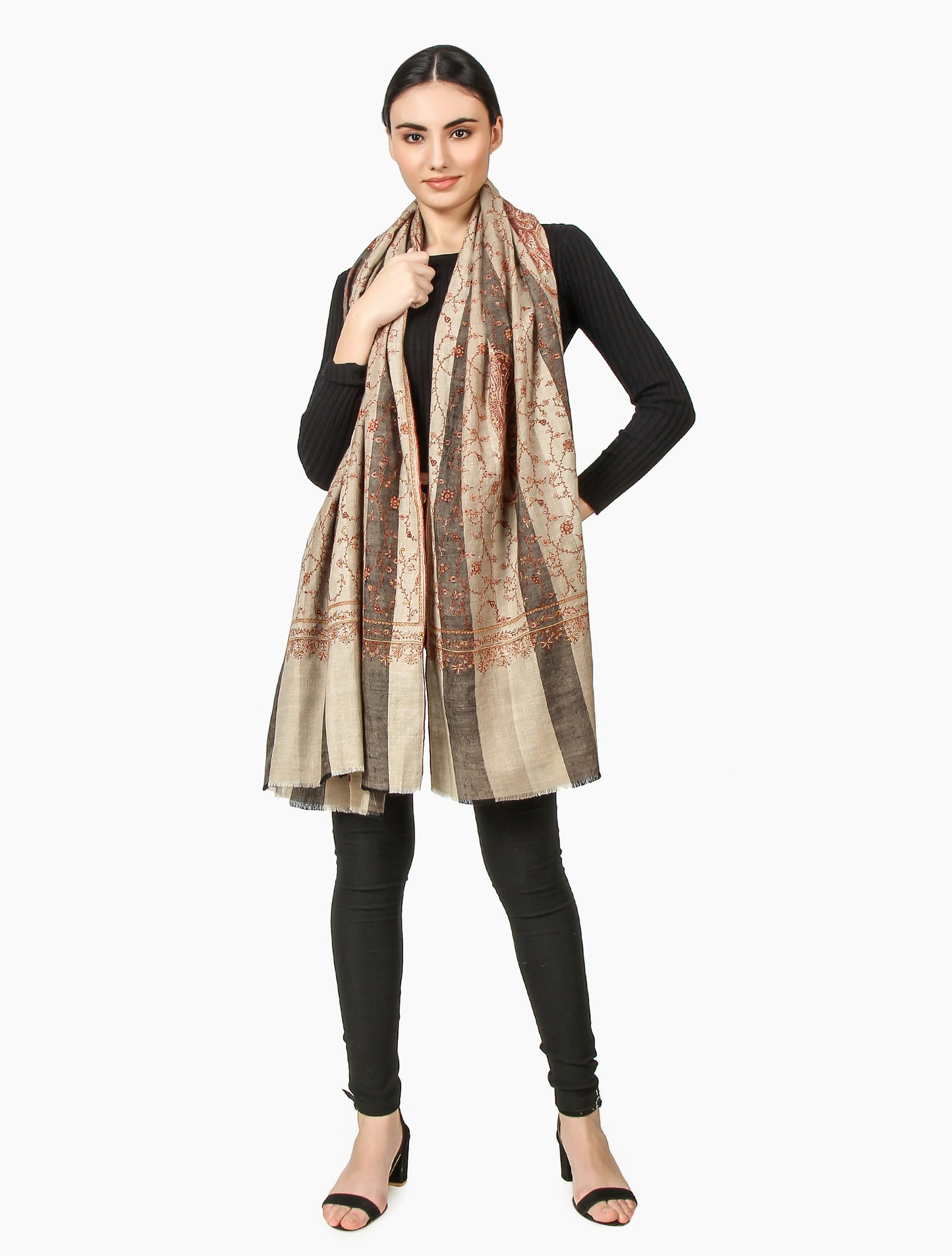 Cashmere Pashmina Shawl Embroidered (Beige Stripe)