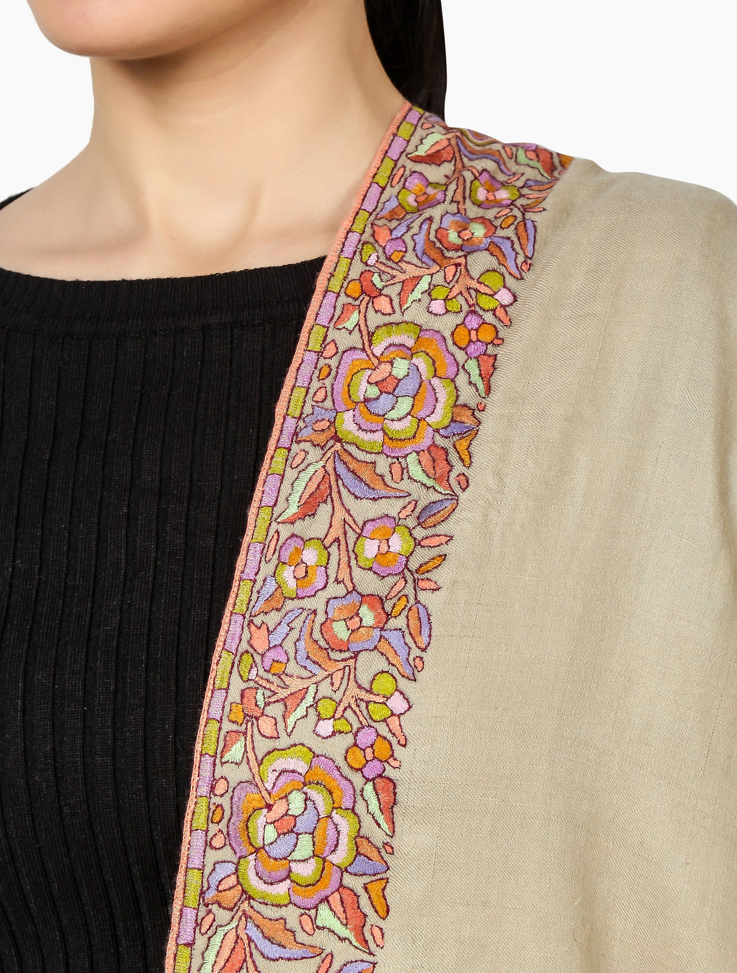 Cashmere Pashmina Shawl Embroidered (Beige)
