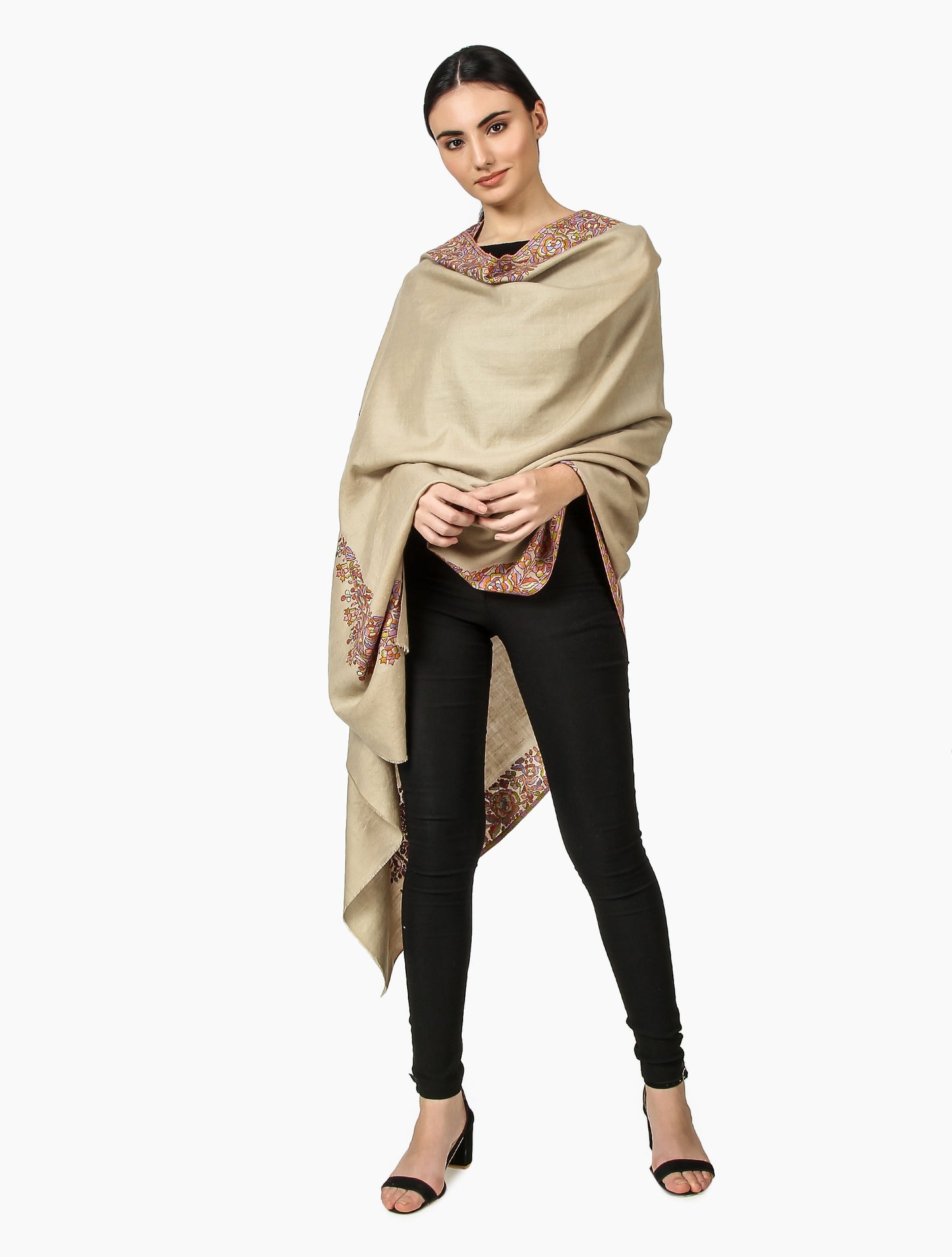 Cashmere Pashmina Shawl Embroidered (Beige)