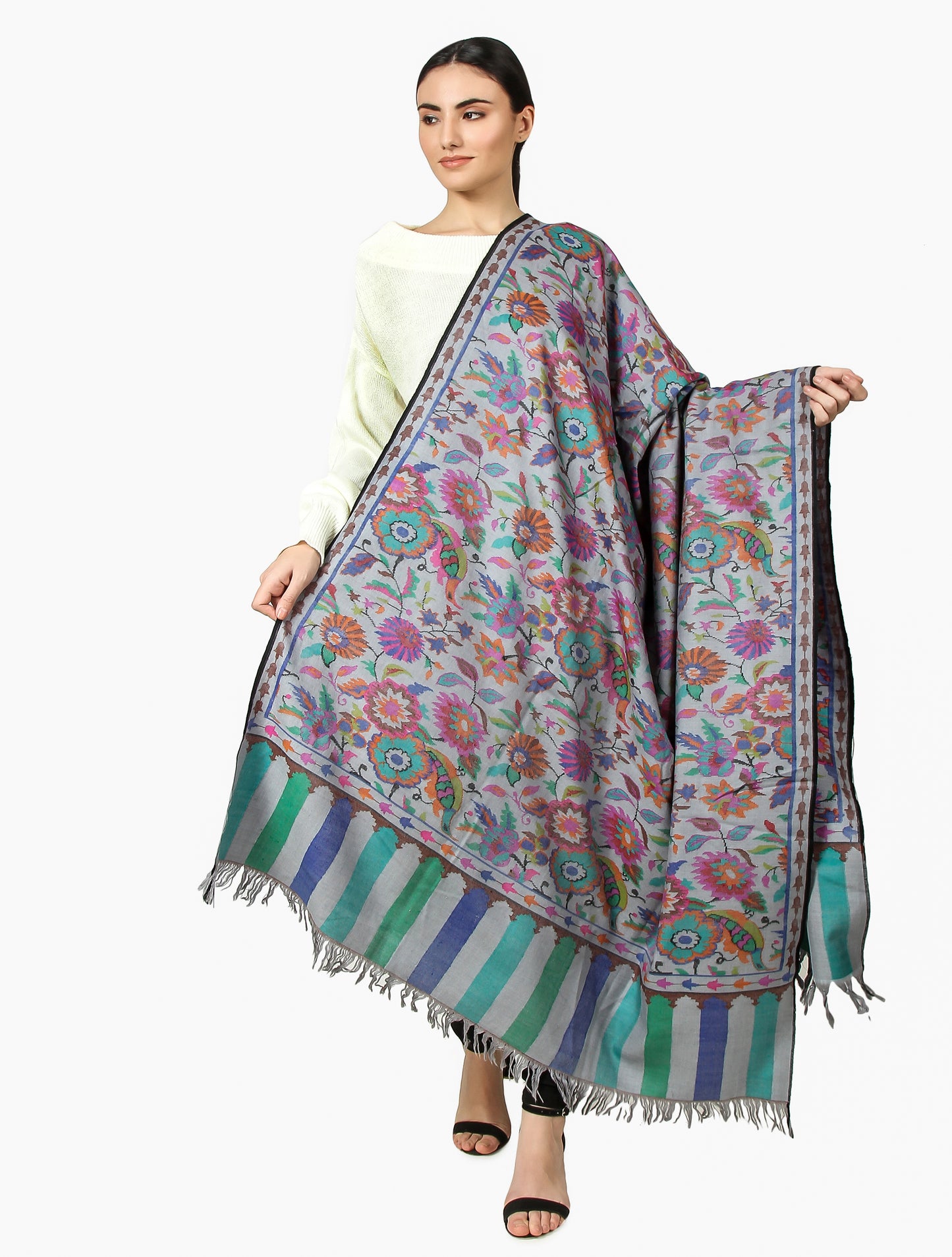 Pashmina Kani Shawl (Floral Steel Blue)