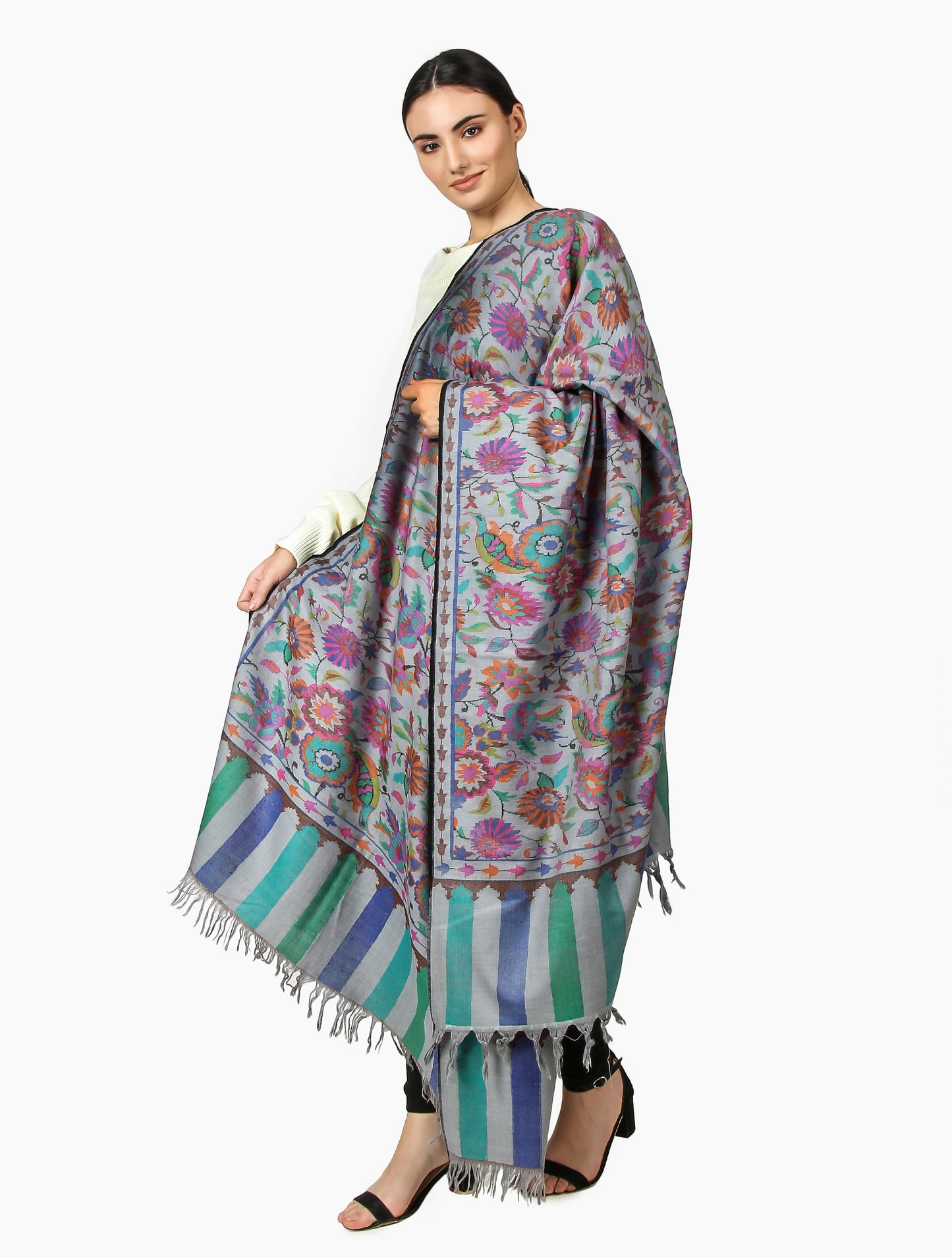 Pashmina Kani Shawl (Floral Steel Blue)