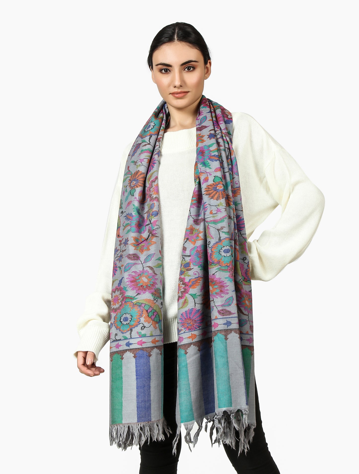 Pashmina Kani Shawl (Floral Steel Blue)