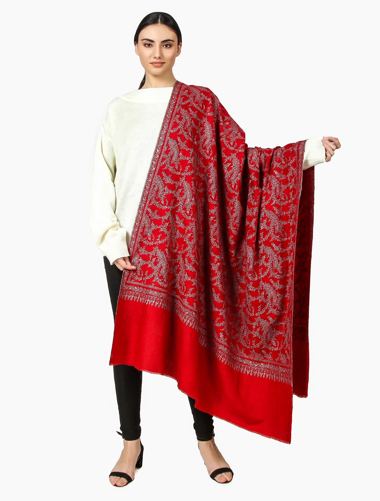 Cashmere Pashmina Shawl Embroidered (Deep Red)