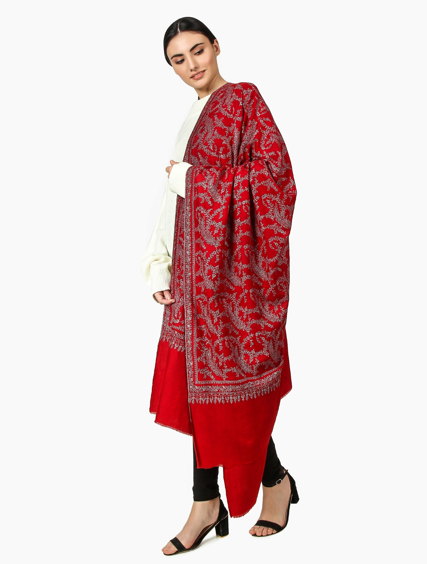 Cashmere Pashmina Shawl Embroidered (Deep Red)