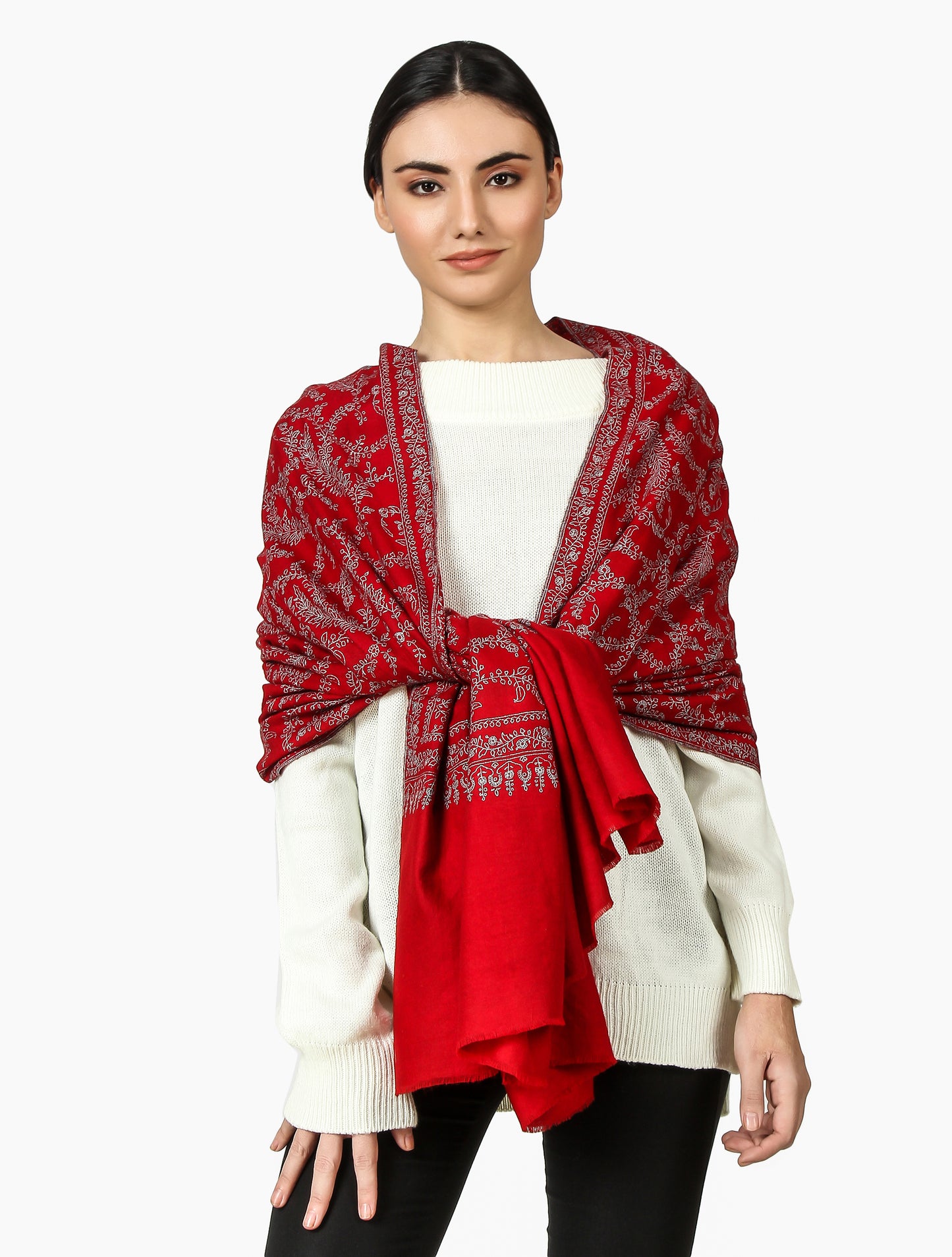 Cashmere Pashmina Shawl Embroidered (Deep Red)