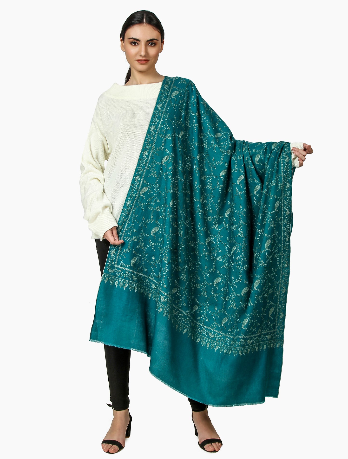 Cashmere Pashmina Shawl Embroidered (Forest Green)