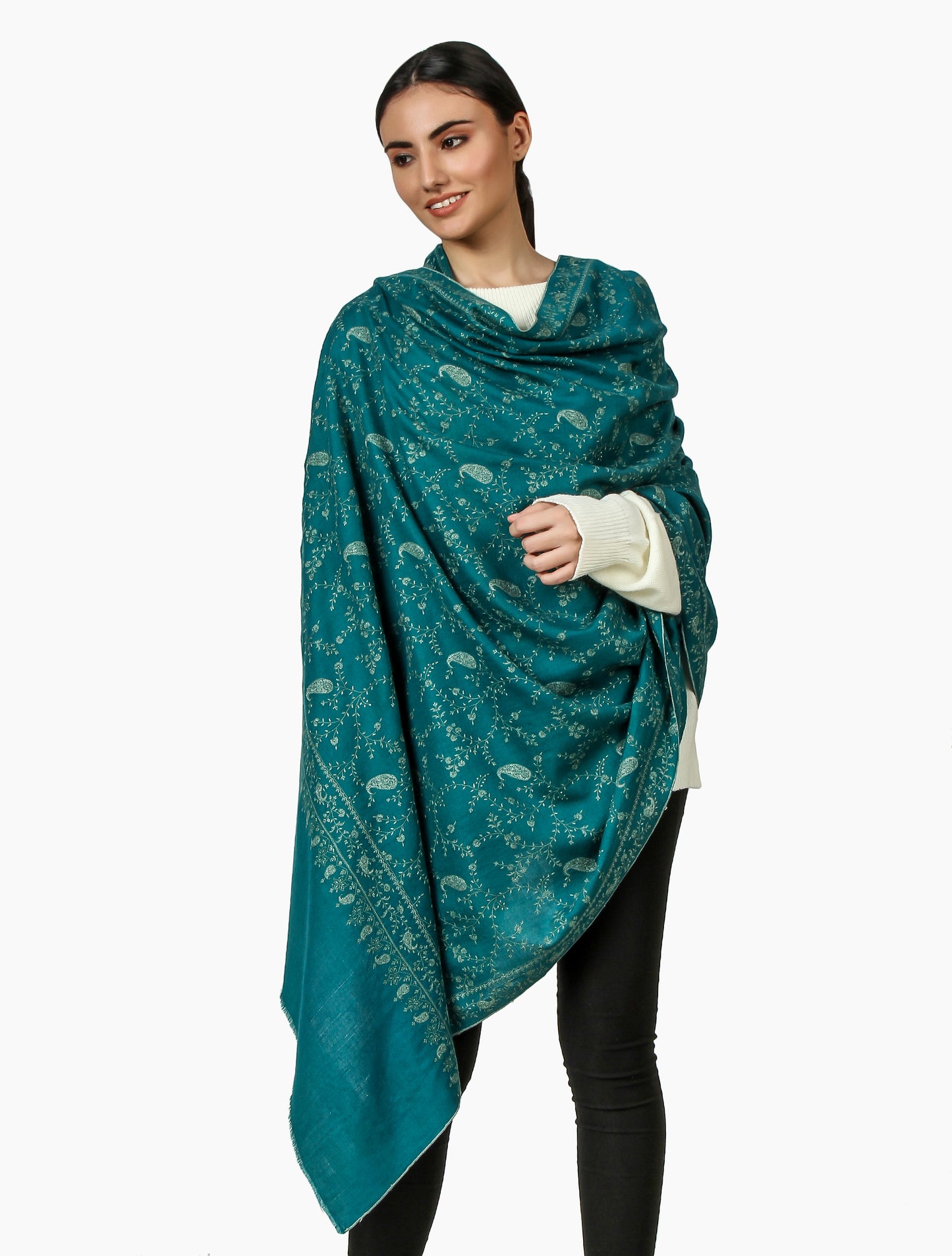 Cashmere Pashmina Shawl Embroidered (Forest Green)