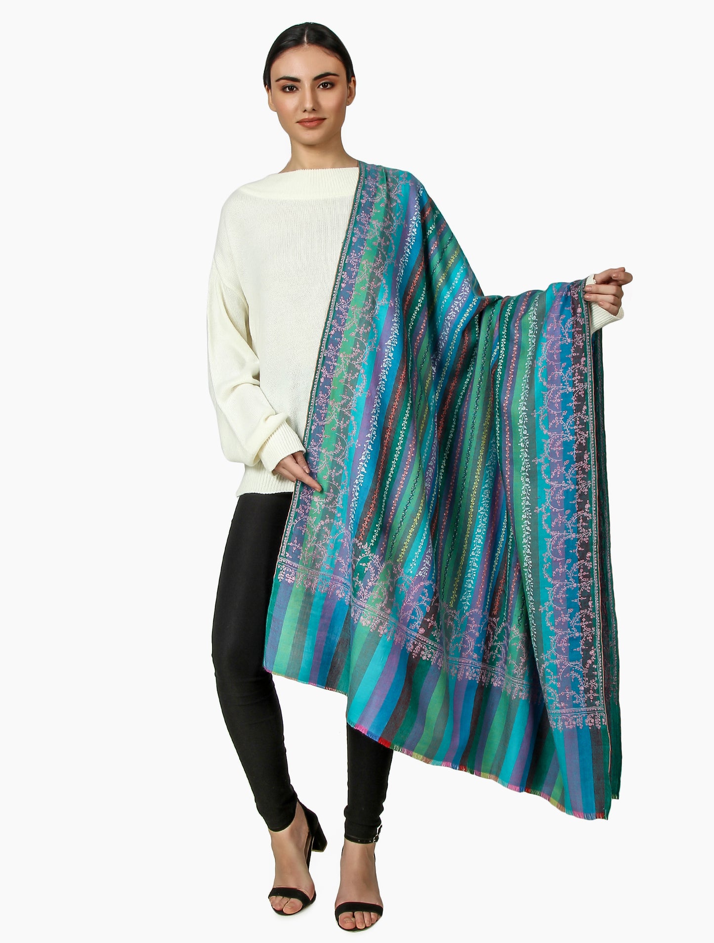 Cashmere Pashmina Shawl Embroidered (Stripe)