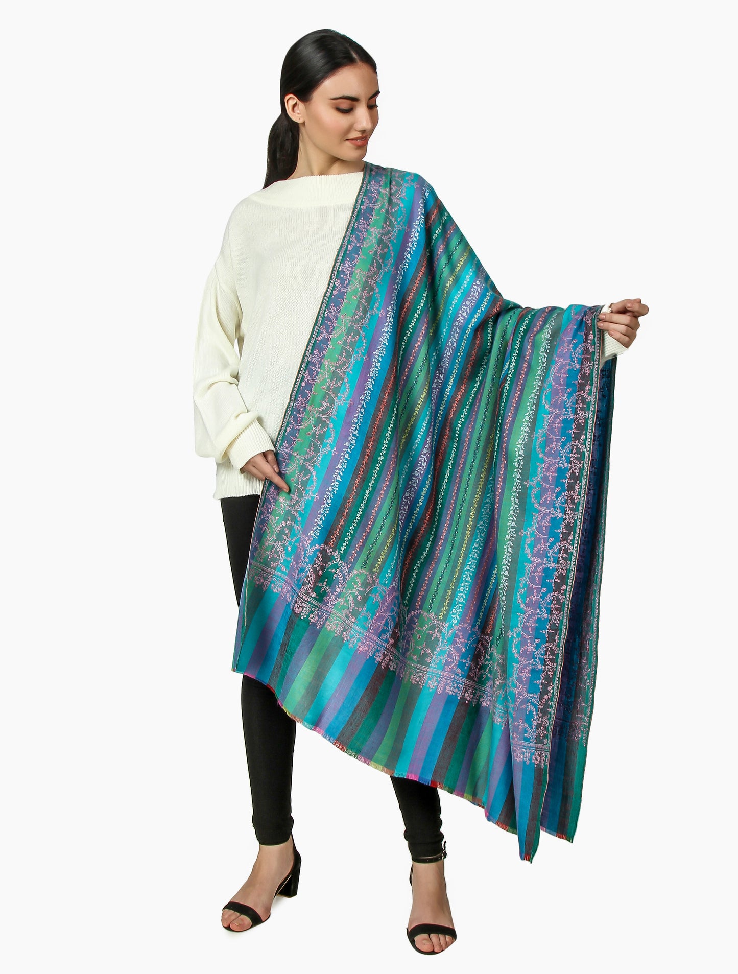 Cashmere Pashmina Shawl Embroidered (Stripe)
