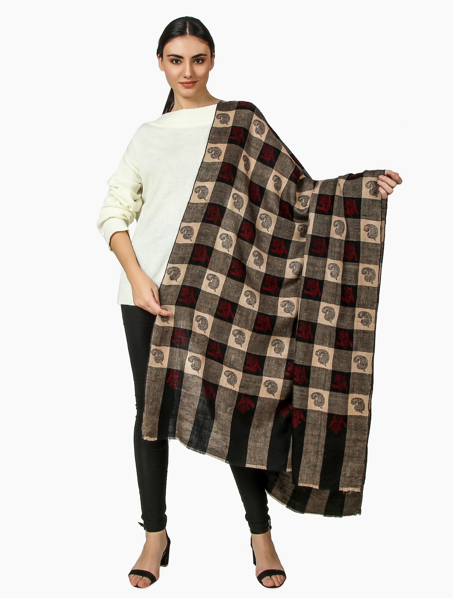 Cashmere Pashmina Shawl Embroidered (Black Checkered)