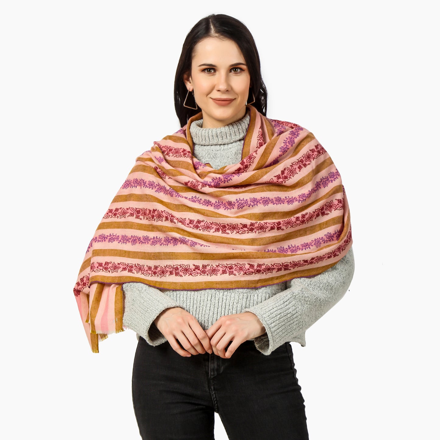 Cashmere Pashmina Stripes Embroidered Scarf