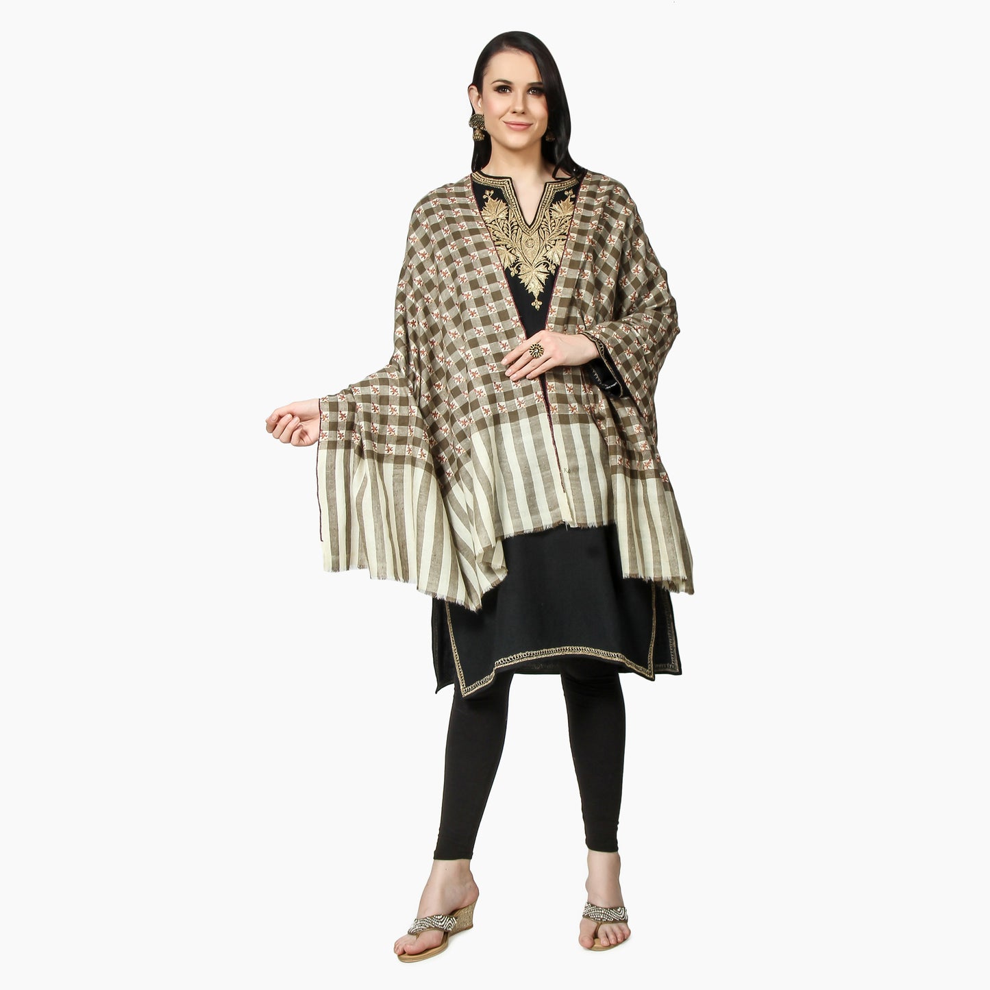 Cashmere Pashmina Shawl Embroidered (Checkered)