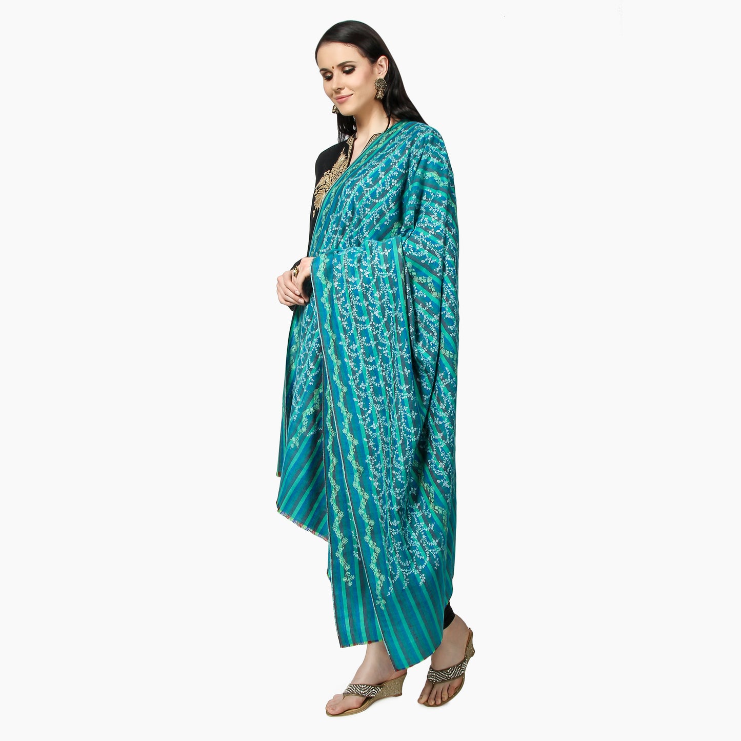 Cashmere Pashmina Shawl Embroidered (Green Stripes)